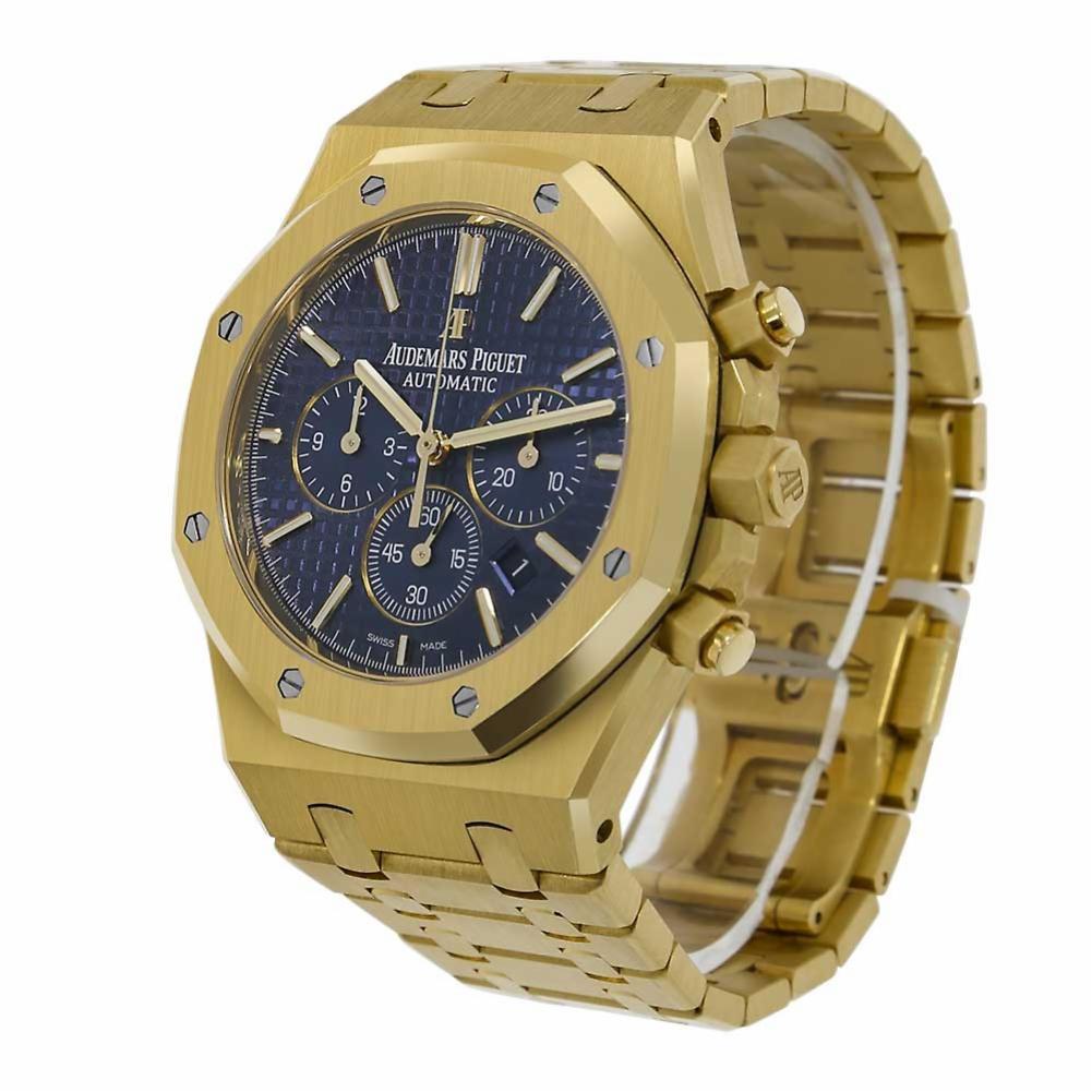 Audemars Piguet Royal Oak Reference #:26331BA.OO.1220BA.01. 41mm 18-carat yellow gold case, glareproofed sapphire crystal, screw-locked crown. Blue dial with ‚ÄúGrande Tapisserie‚Äù pattern, yellow gold-toned counters, yellow gold applied
