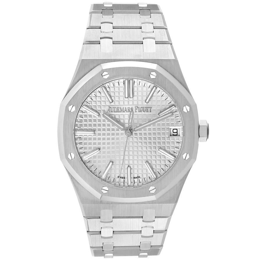 Audemars Piguet Royal Oak 50th Anniversary Steel Mens Watch 15510ST Box Card. Automatic self-winding movement. Stainless steel case 41.0 mm in diameter. Stainless steel bezel punctuated with 8 signature screws. Scratch resistant sapphire crystal.