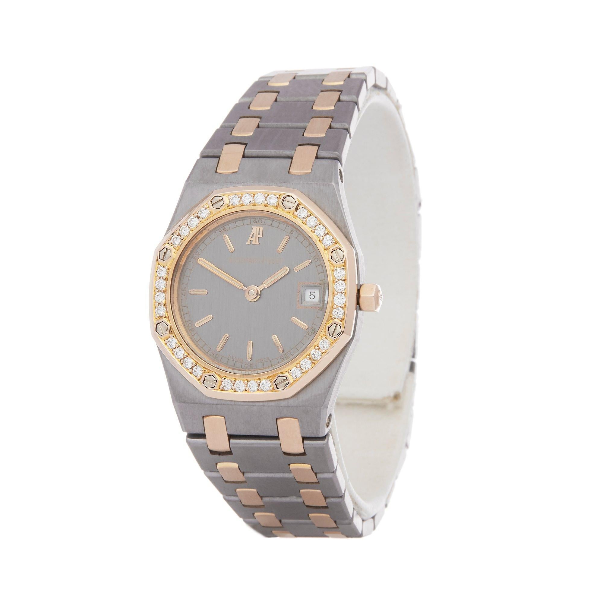 Xupes Reference: COM002547
Manufacturer: Audemars Piguet
Model: Royal Oak
Model Variant: 
Model Number: 66319-722
Age: 05-10-1993
Gender: Ladies
Complete With: Xupes Presentation Box, Manuals & Guarantee
Dial: Brushed Grey Baton
Glass: Sapphire