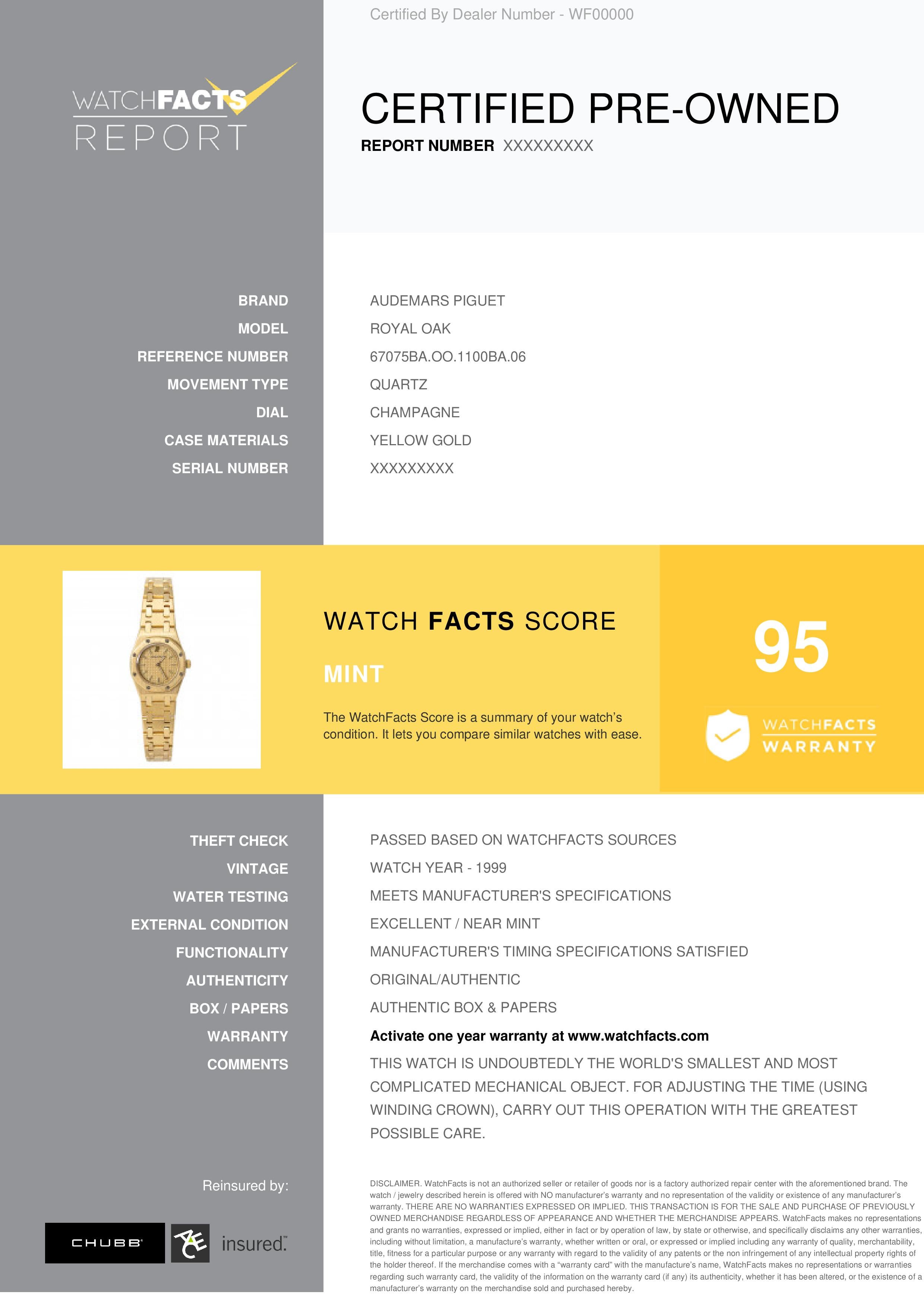 Audemars Piguet Royal Oak Reference #: 67075BA.OO.1100BA.06. Womens Quartz Watch Yellow Gold Champagne 20 MM. Verified and Certified by WatchFacts. 1 year warranty offered by WatchFacts.
