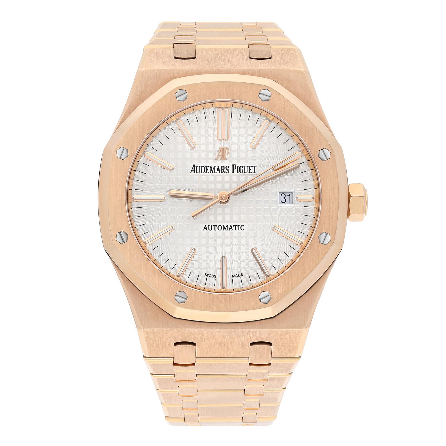Elevate your style with this exquisite Audemars Piguet Royal Oak Automatic Men's Watch. Crafted in elegant rose gold, this 41mm timepiece exudes sophistication and luxury. Pre-owned and in impeccable condition, it comes complete with its original