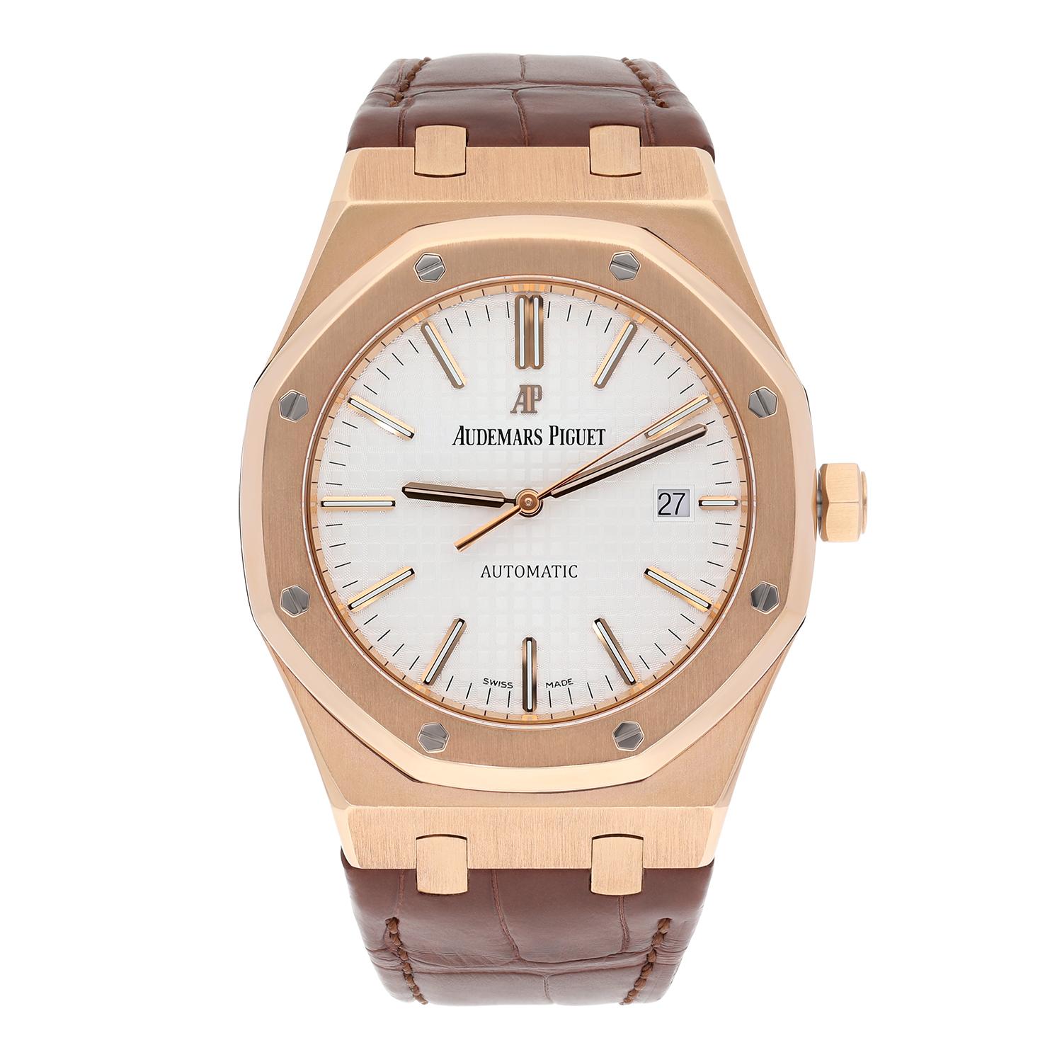 Audemars Piguet Royal Oak (15400OROOD088CR01) self-winding automatic watch, features a 41mm 18k rose gold case surrounding a silver Grande Tapisserie dial on a brand new brown alligator strap with an 18k rose gold deployant buckle. Functions include