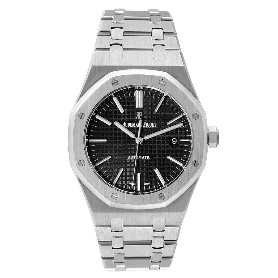 Audemars Piguet Royal Oak Black Dial Steel Mens Watch 15400ST Box Papers. Automatic self-winding movement. Stainless steel case 41.0 mm in diameter. Stainless steel bezel punctuated with 8 signature screws. Scratch resistant sapphire crystal. Black