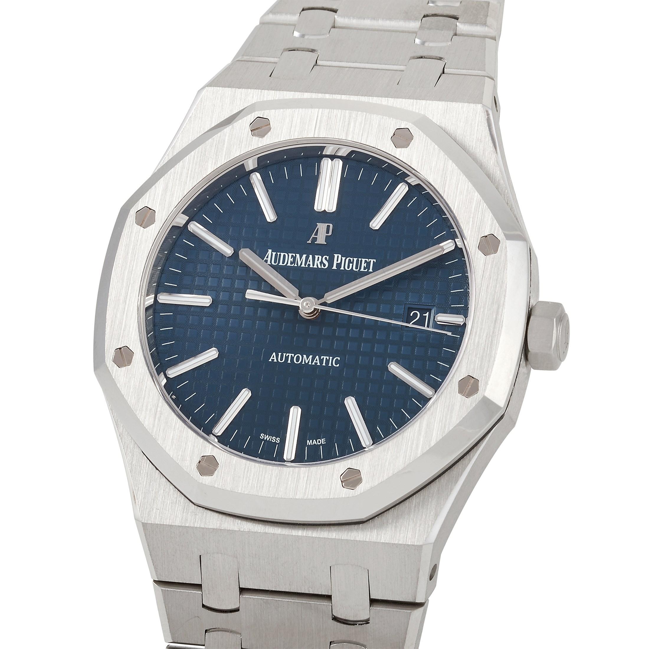 This Audemars Piguet Royal Oak Blue Dial Stainless Steel Watch, reference number 15400ST.OO.1220ST.03, features a stainless steel case measuring 41 mm in diameter. The open case back offers a glimpse into the beautiful inner workings. It is