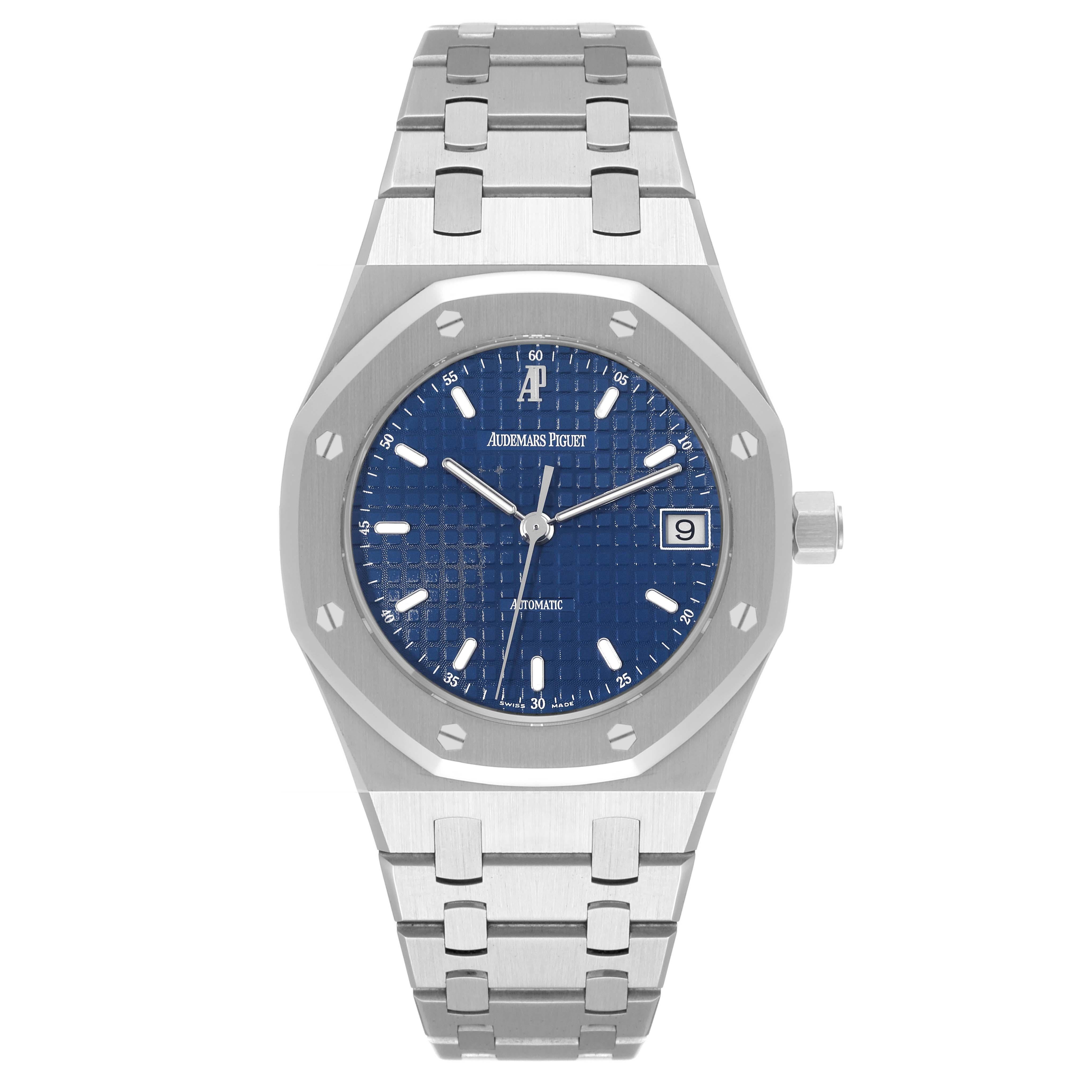 Audemars Piguet Royal Oak Blue Dial Steel Mens Watch 14790ST Papers. Automatic self-winding movement. Stainless steel case 36.0 mm in diameter. Stainless steel bezel punctuated with 8 signature screws. Stainless steel case 36.0 mm in diameter. Blue