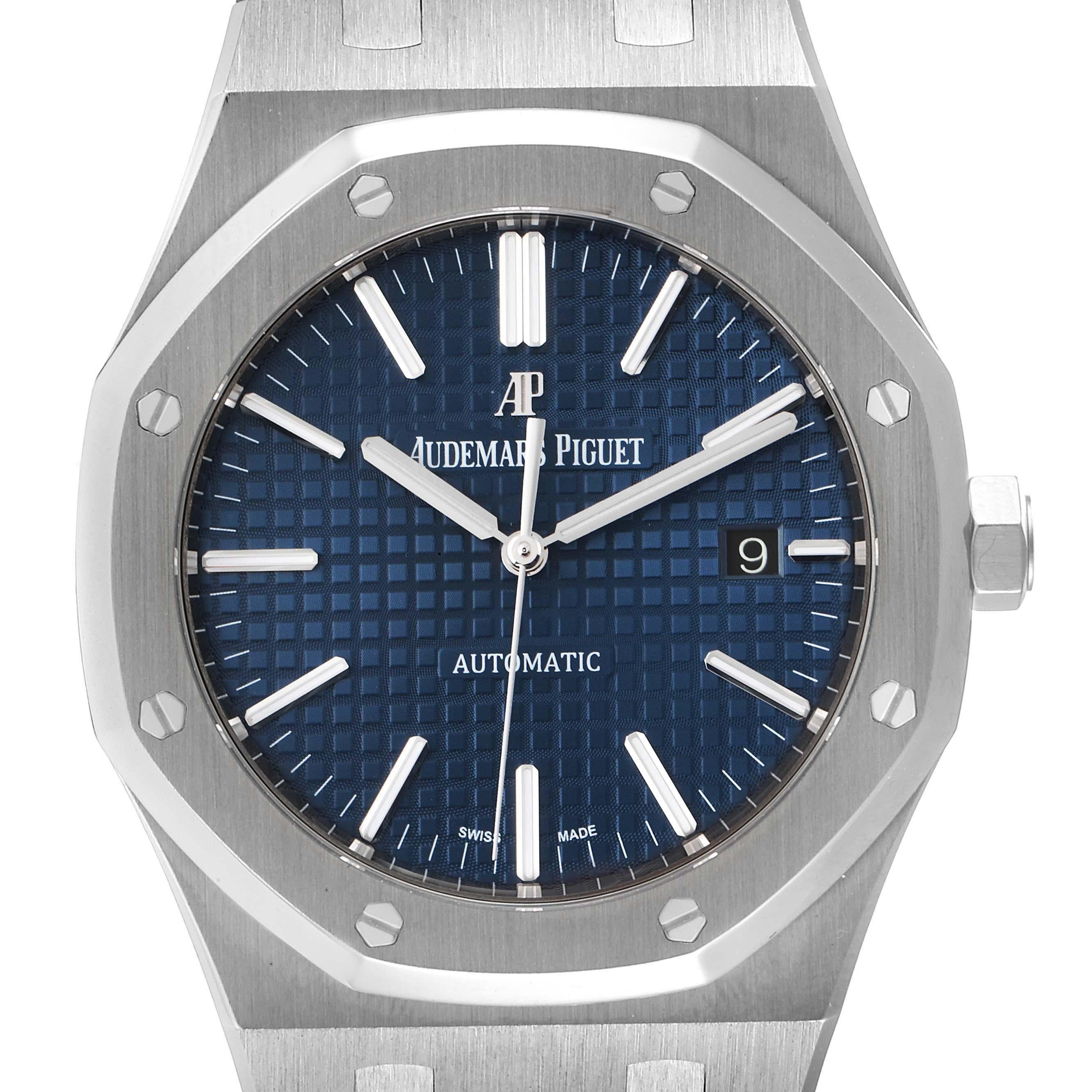 Audemars Piguet Royal Oak Blue Dial Steel Mens Watch 15400ST. Automatic self-winding movement. Stainless steel case 41.0 mm in diameter. Stainless steel bezel punctuated with 8 signature screws. Scratch resistant sapphire crystal. Blue tapisserie