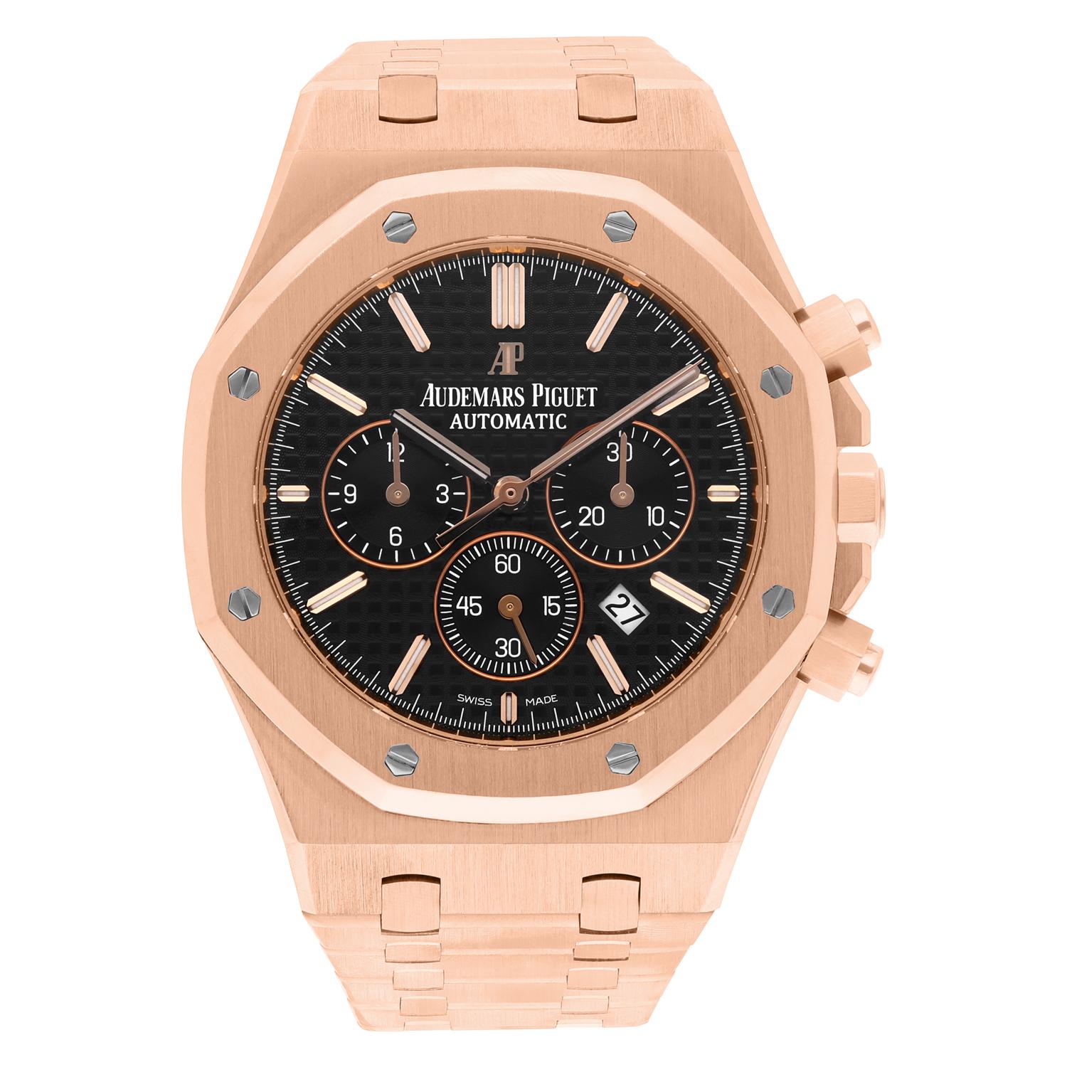 This Audemars Piguet Royal Oak Chrono watch for men is a stunning piece of jewelry that combines functionality and style. With a rose gold bracelet and case, and a black dial with index hour markers, this watch is perfect for those who appreciate