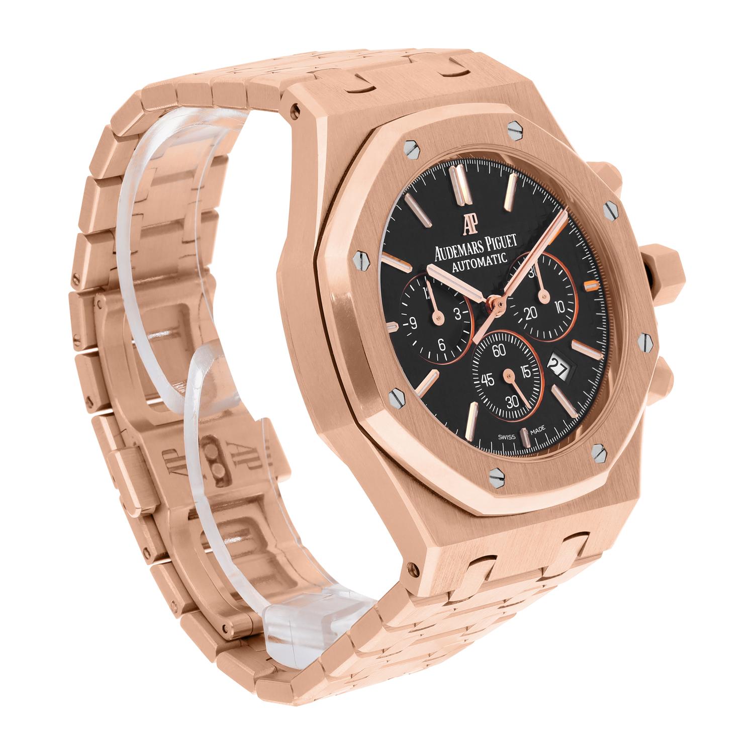 Audemars Piguet Royal Oak Chrono Rose Gold Black Mens Watch 26320OR.OO.1220OR.01 In Excellent Condition For Sale In New York, NY