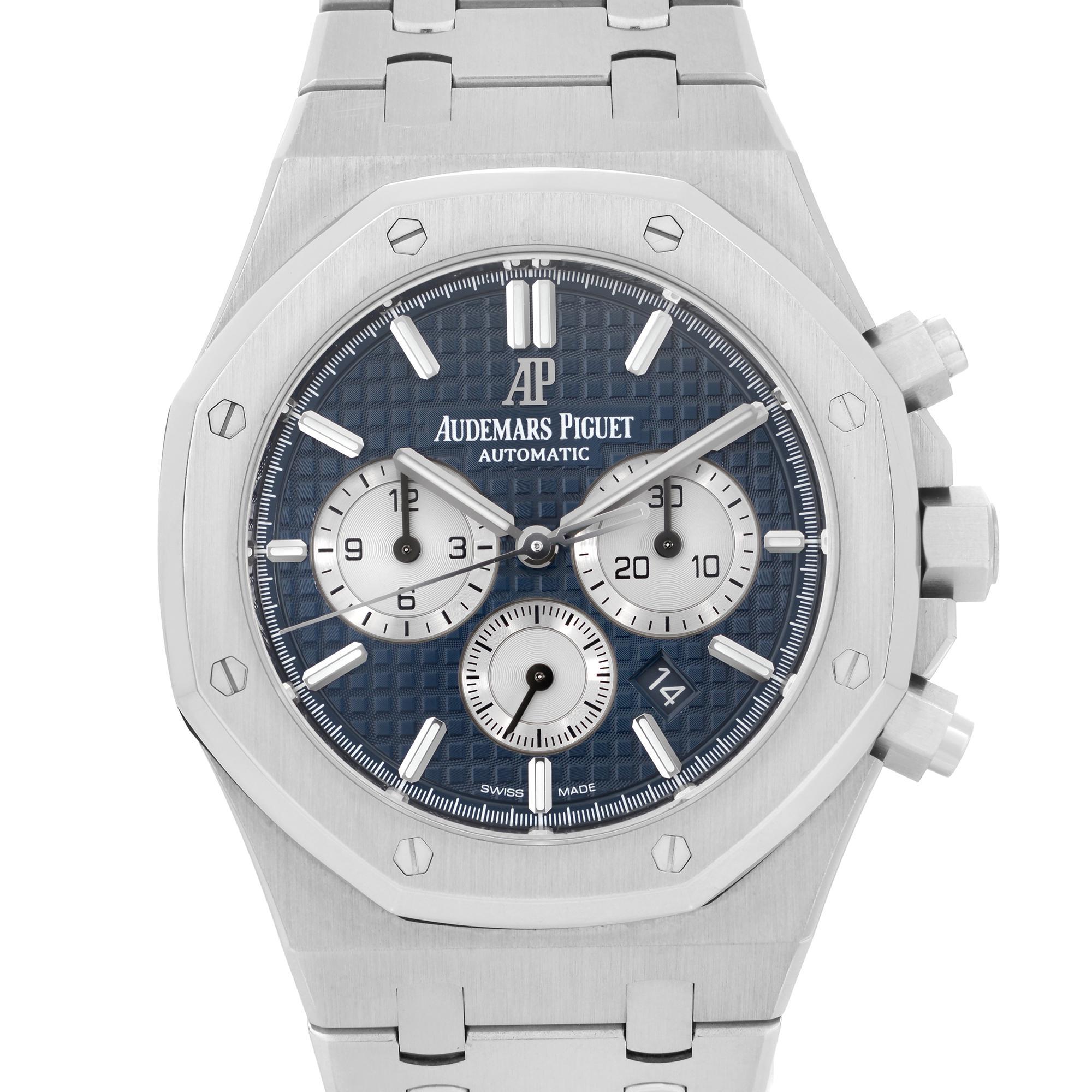 Pre Owned Audemars Piguet Royal Oak Chrono Automatic Mens Watch 26331ST.OO.1220ST.02. This Timepiece is Powered by Mechanical (Automatic) Movement And Features: Stainless Steel and Bracelet, Fixed Octagonal Shaped Steel Bezel, Blue Tapisserie Dial