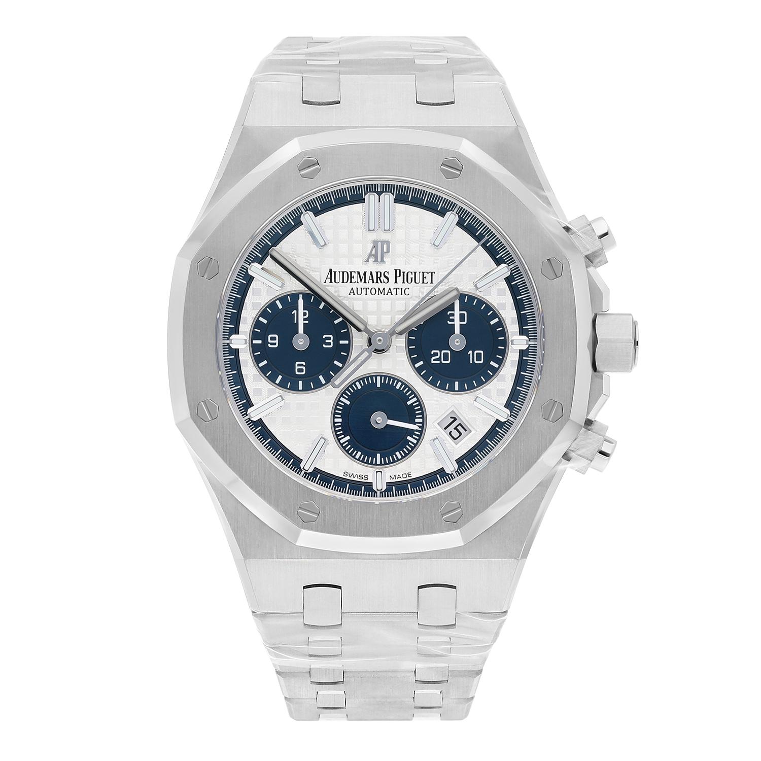 Introducing the stunning Audemars Piguet Royal Oak Chronograph 38 wristwatch, a true masterpiece of luxury and precision. Crafted with a solid stainless steel caseback and bracelet, this unisex watch boasts a fixed stainless steel bezel and silver