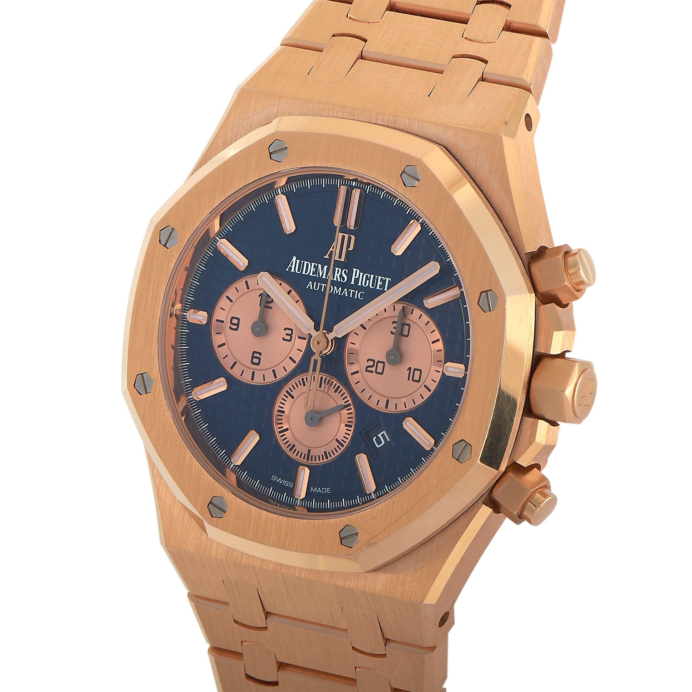 The Audemars Piguet Royal Oak Chronograph Watch, reference number 26331OR.OO.1220OR.01, is an opulent watch that exudes obvious luxury. 

This traditional timepiece includes a 41mm case, bezel, and bracelet crafted from radiant 18K Rose Gold. It