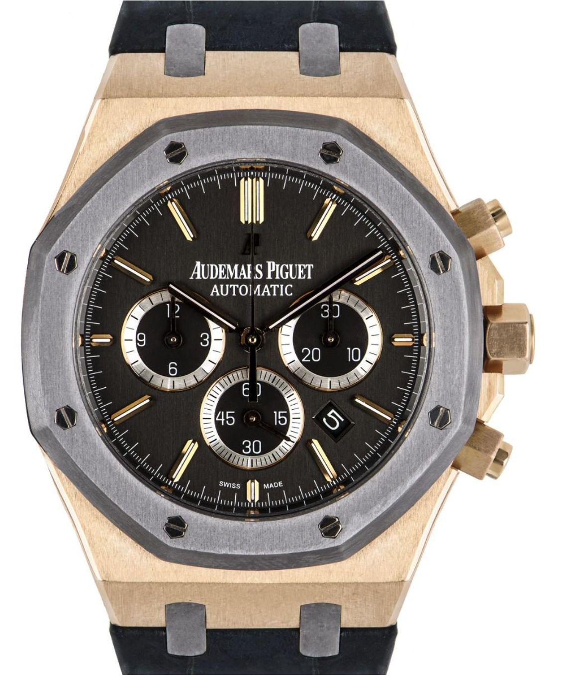 A limited edition Royal Oak Chronograph Leo Messi in rose gold by Audemars Piguet. Featuring a satin brushed anthracite dial with a date display and three chronograph counters. The iconic eight screws feature on the tantalum bezel.

An Audemars
