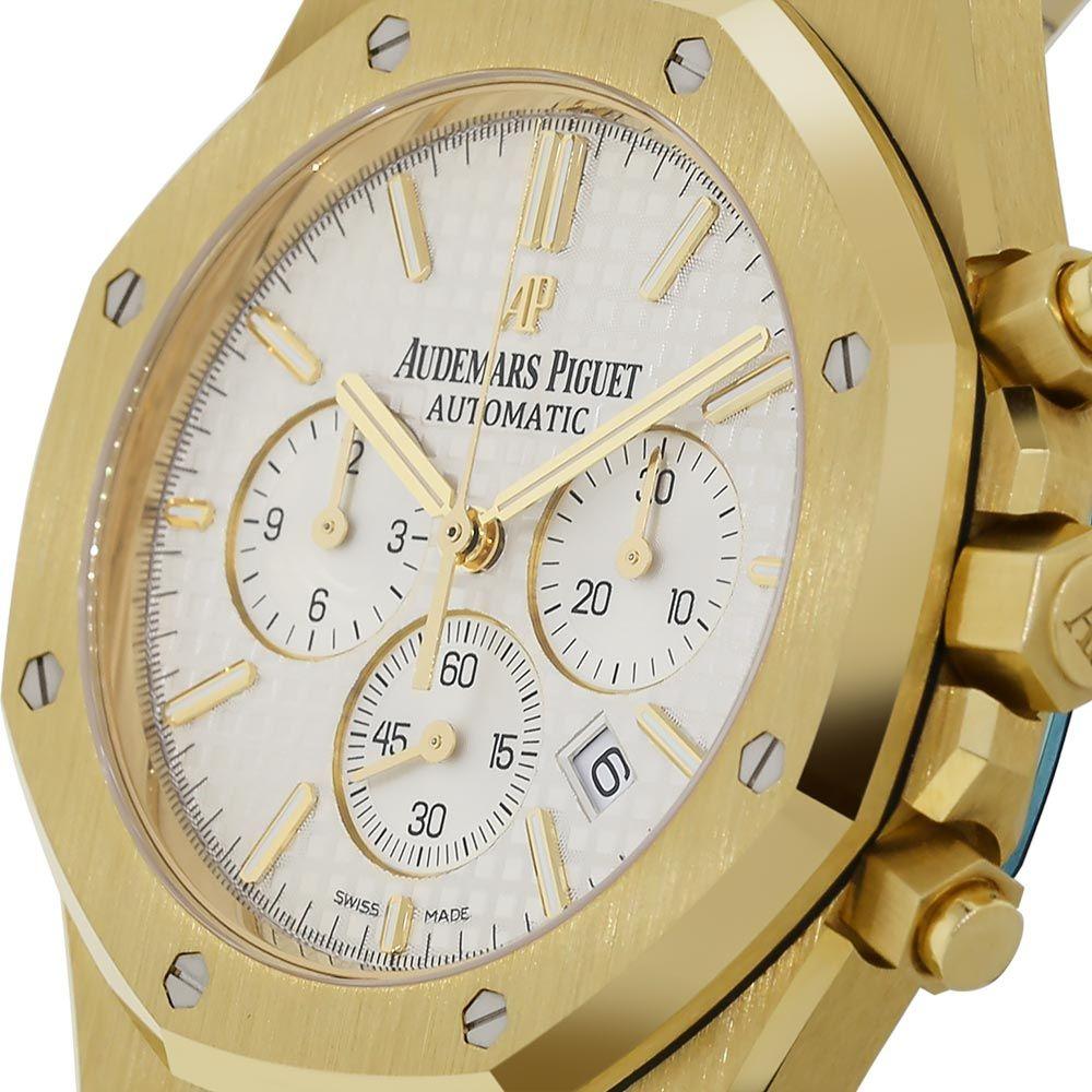 Audemars Piguet Royal Oak Chronograph  39mm yellow gold watch with white dial. Excellent condition. With original box and papers. 

Viewings available in our NYC showroom by appointment.