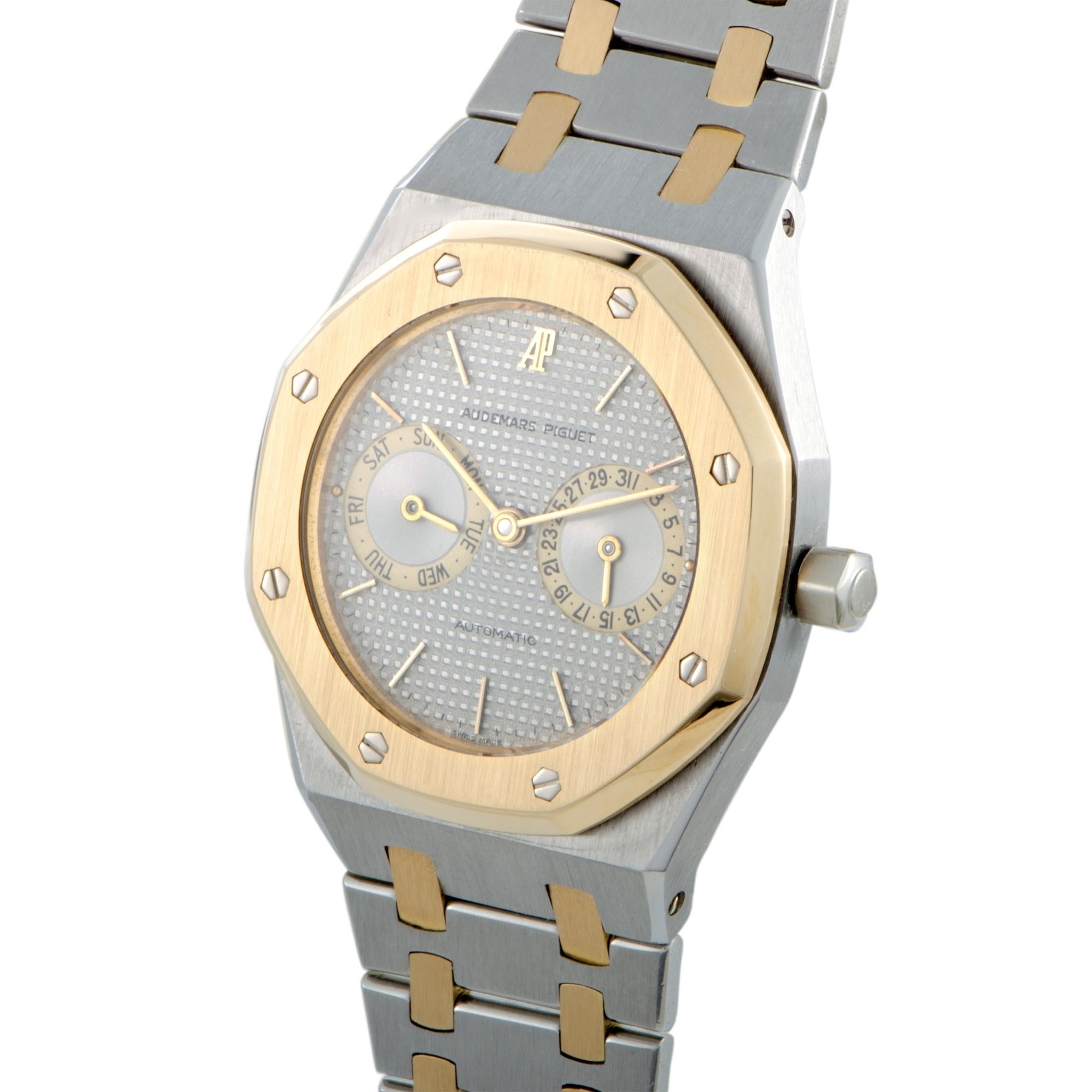 The slick aesthetic style and robust reliability of the legendary “Royal Oak” design are brilliantly embodied in this sublime timepiece from Audemars Piguet which presents its numerous useful indications in a highly legible, superbly accurate, and
