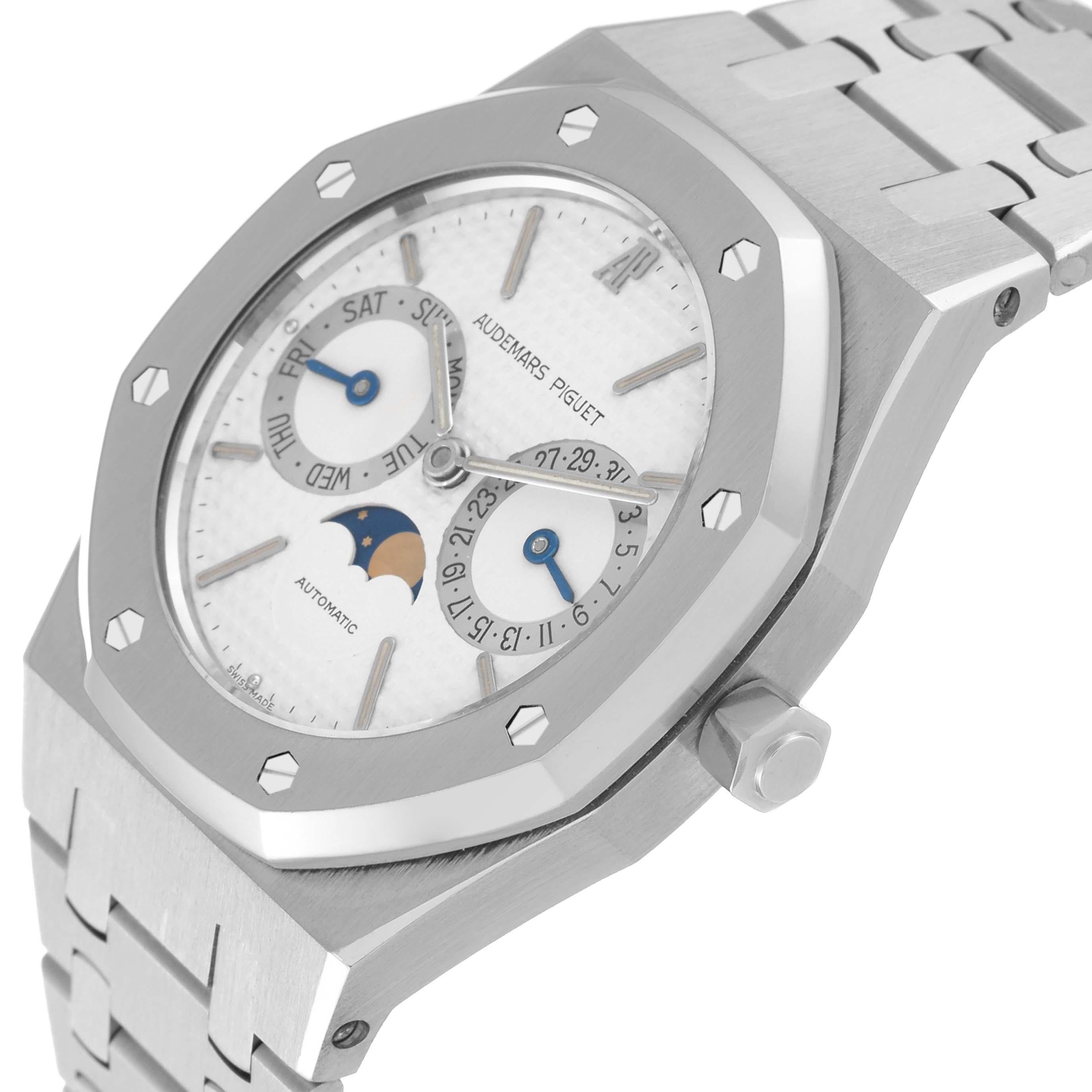 Audemars Piguet Royal Oak Day Date Moonphase Steel Mens Watch 25594ST. Automatic self-winding movement. Stainless steel case 36.0 mm in diameter. Stainless steel bezel punctuated with 8 signature screws. Scratch resistant sapphire crystal. White