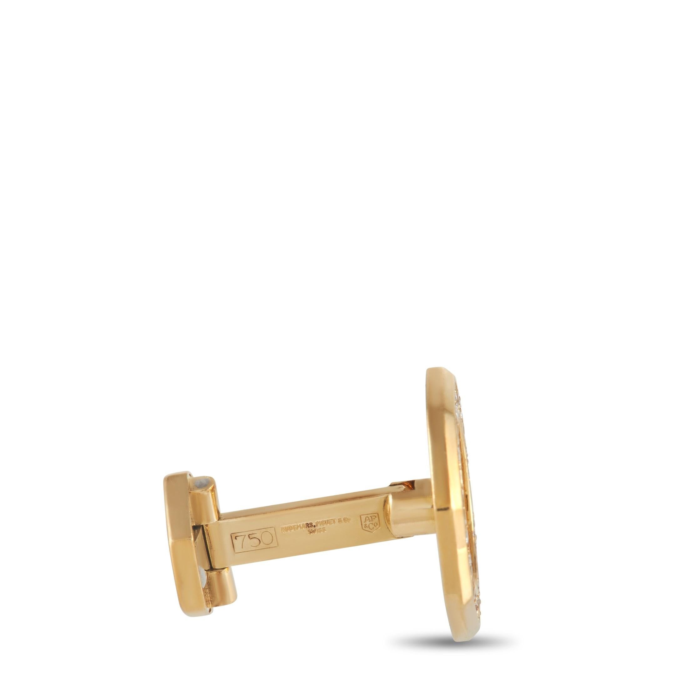 Inspired by the iconic Audemars Piguet bezel is this pair of cufflinks for men. Each is fashioned from solid 18K yellow gold and is octagonal in shape with polished beveled corners. The cufflinks come with a diamond cluster center encircled by an