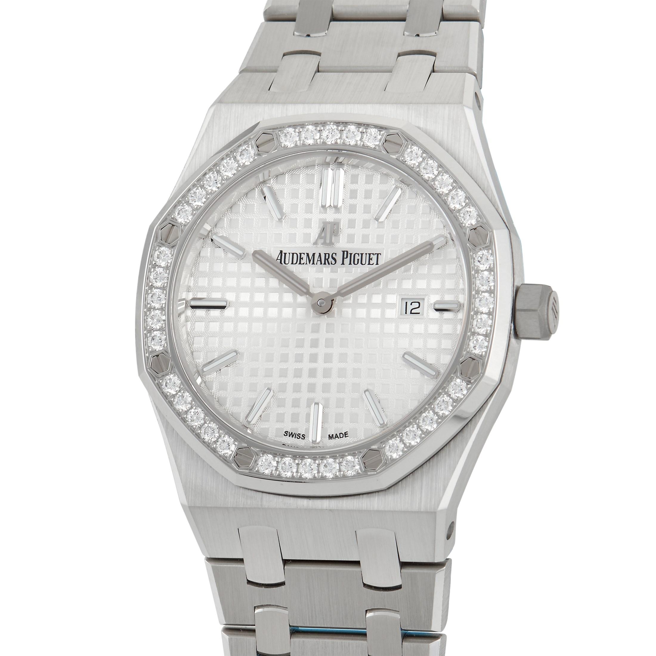 The Audemars Piguet Royal Oak Diamond Ladies Watch, reference number 67651ST.ZZ.1261ST.01, will continually emanate light.  

This breathtaking timepiece begins with a 33mm case and bracelet crafted from shimmering stainless steel. But it’s the