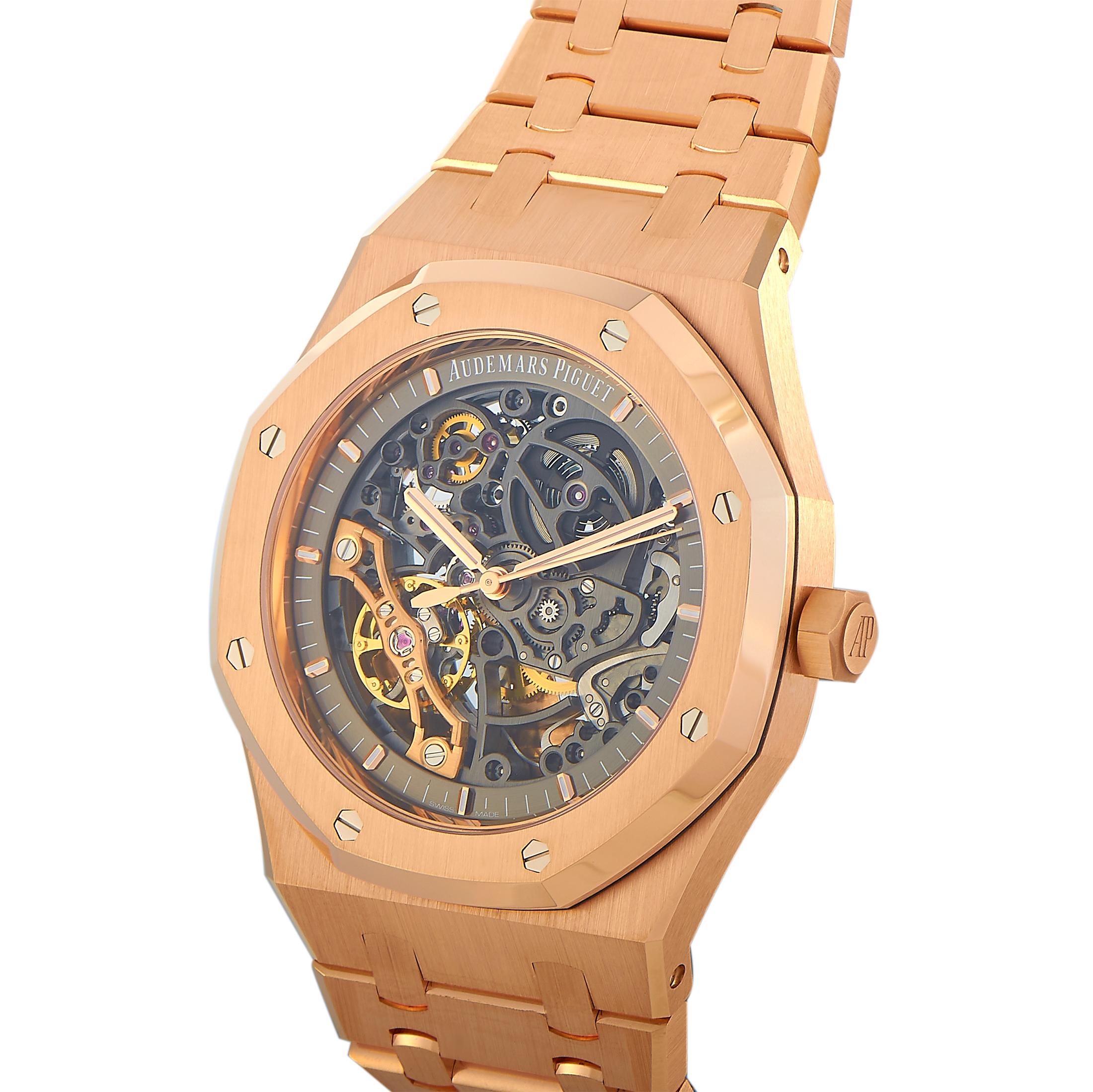 The Audemars Piguet Royal Oak Double Balance Wheel Openworked, reference number 15407OR.OO.1220OR.01, is a member of the iconic “Royal Oak” collection.

The watch is presented with a 41 mm 18K rose gold case that boasts transparent sapphire crystal