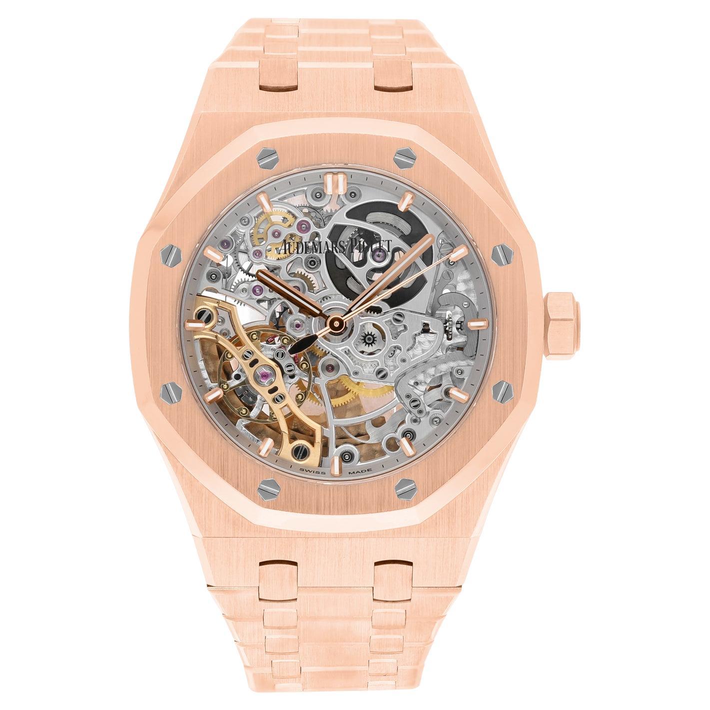 18-carat pink gold case, glareproofed sapphire crystal and caseback, screw-locked crown. Case size 37 mm with case thickness 10 mm. Openworked rhodium-toned dial, pink gold applied hour-markers and Royal Oak hands with luminescent coating. Water