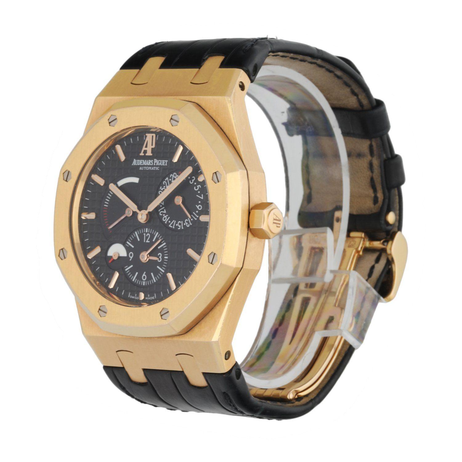 Audemars Piguet Royal Oak Dual Time 26120OR.OO.D088CR.01 men's watch. 39MM 18K rose gold caseÂ with 18K rose gold octagon shape bezel.Â Black Tapestry dial with luminous rose gold hands and index hour markers. Date display between 1 & 3 o'clock