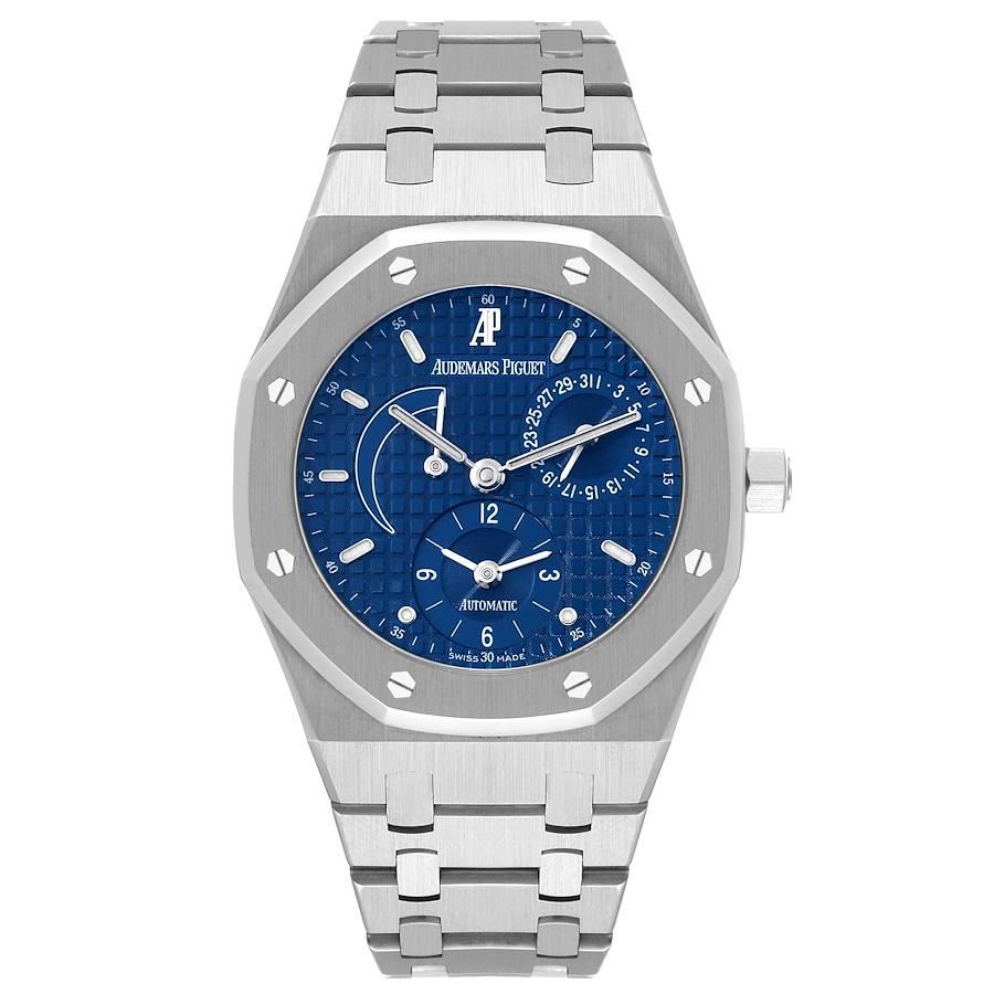 Audemars Piguet Royal Oak Dual Time Power Reserve Mens Watch 25730ST. Automatic self-winding chronograph movement. Stainless octagonal case 36 mm in diameter. Solid case back. Stainless steel bezel punctuated with 8 signature screws. Scratch