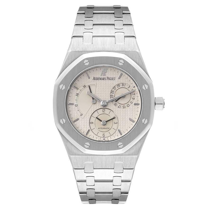 Audemars Piguet Royal Oak Dual Time Power Reserve Mens Watch 25730ST. Automatic self-winding chronograph movement. Stainless octagonal case 36 mm in diameter. Solid case back. Stainless steel bezel punctuated with 8 signature screws. Scratch