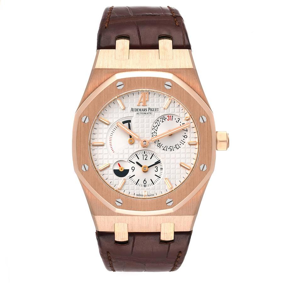 Audemars Piguet Royal Oak Dual Time Power Reserve Mens Watch 26120OR Box Papers. Automatic self-winding chronograph movement. 18k rose gold octagonal case 39 mm in diameter. Solid case back. 18k rose gold bezel punctuated with 8 signature screws.
