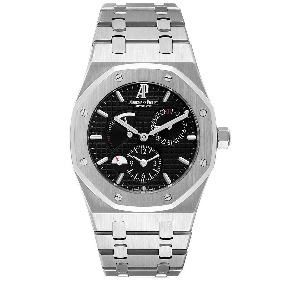 Audemars Piguet Royal Oak Dual Time Power Reserve Mens Watch 26120ST. Automatic self-winding chronograph movement. Stainless octagonal case 39 mm in diameter. Solid case back. Stainless steel bezel punctuated with 8 signature screws. Scratch
