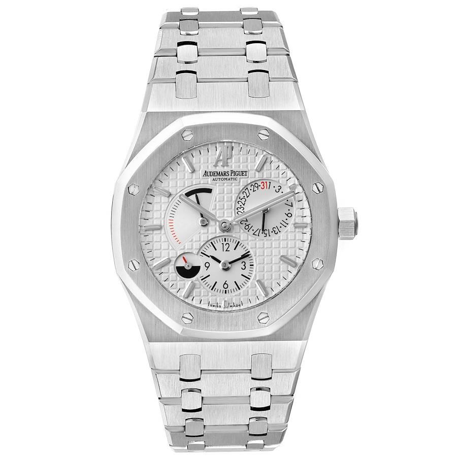 Audemars Piguet Royal Oak Dual Time Power Reserve Mens Watch 26120ST. Automatic self-winding chronograph movement. Stainless octagonal case 39 mm in diameter. Solid case back. Stainless steel bezel punctuated with 8 signature screws. Scratch