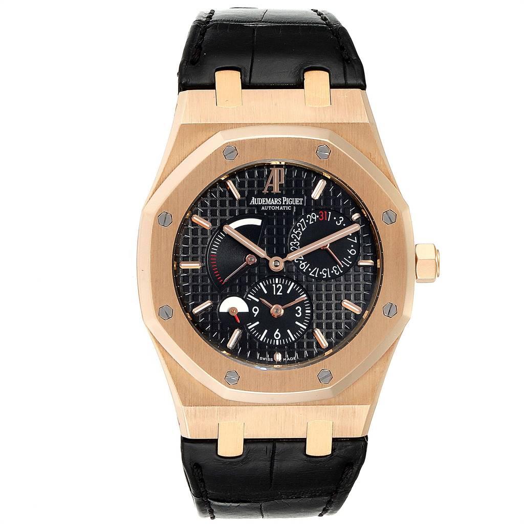 Audemars Piguet Royal Oak Dual Time Power Reserve Rose Gold Watch 26120OR. Automatic self-winding movement. Brushed with polished bevel edges 18K rose gold case 39.0 mm in diameter. 18K rose gold bezel punctuated with 8 signature screws. Scratch