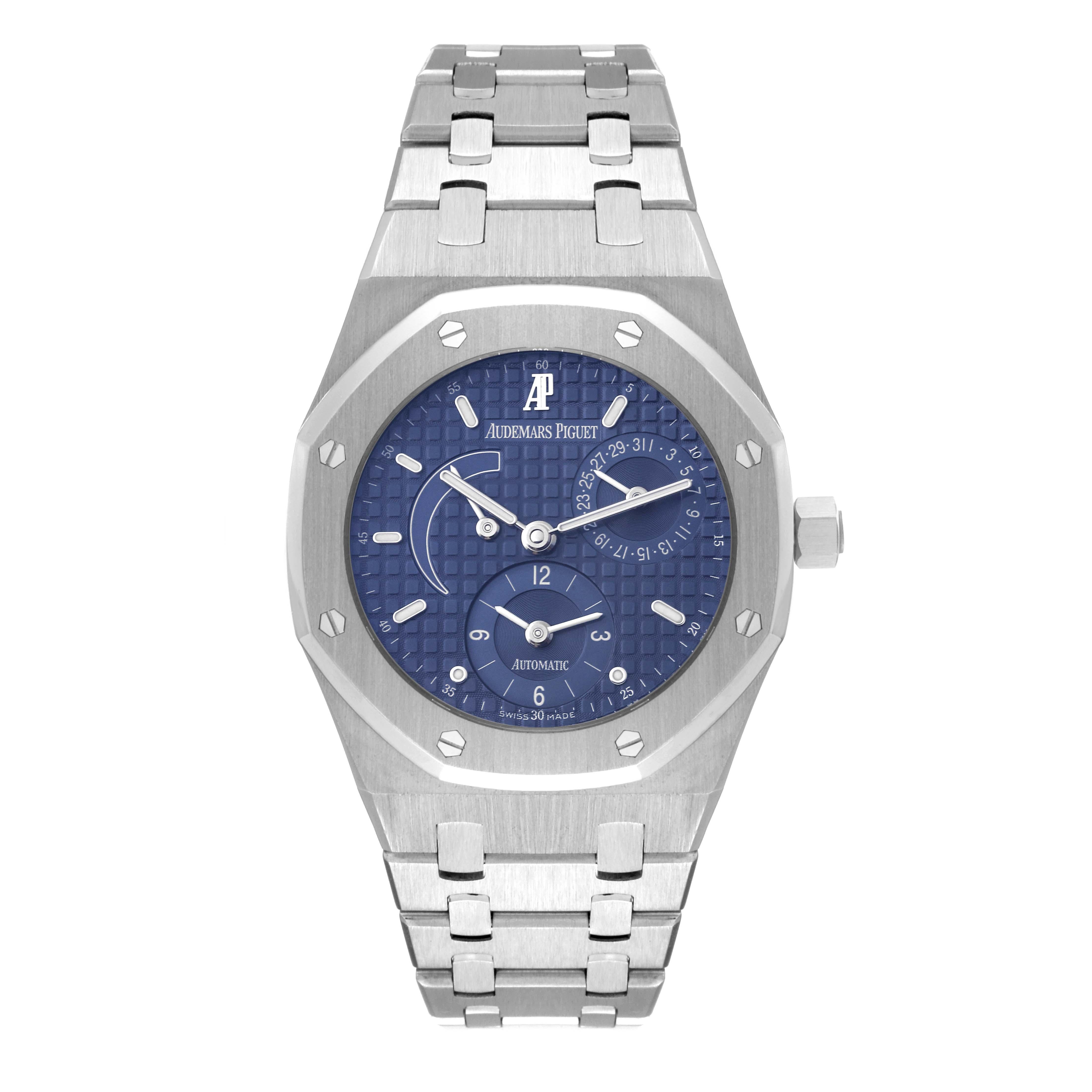 Audemars Piguet Royal Oak Dual Time Power Reserve Steel Mens Watch 25730ST. Automatic self-winding chronograph movement. Stainless octagonal case 36 mm in diameter. Solid case back. Stainless steel bezel punctuated with 8 signature screws. Scratch