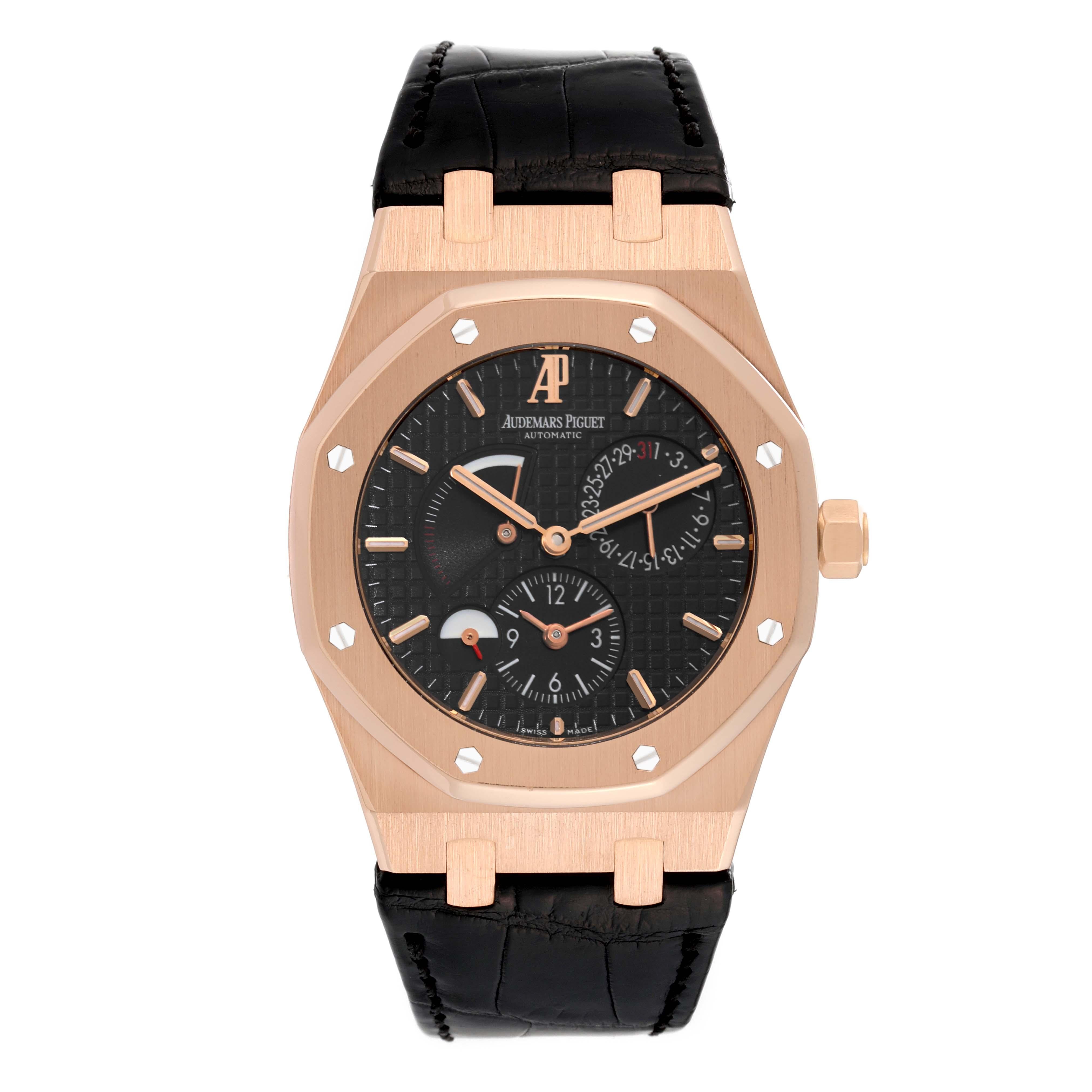 Audemars Piguet Royal Oak Dual Time Rose Gold Mens Watch 26120OR. Automatic self-winding chronograph movement. 18k rose gold octagonal case 39 mm in diameter. Solid case back. 18k rose gold bezel punctuated with 8 signature screws. Scratch resistant