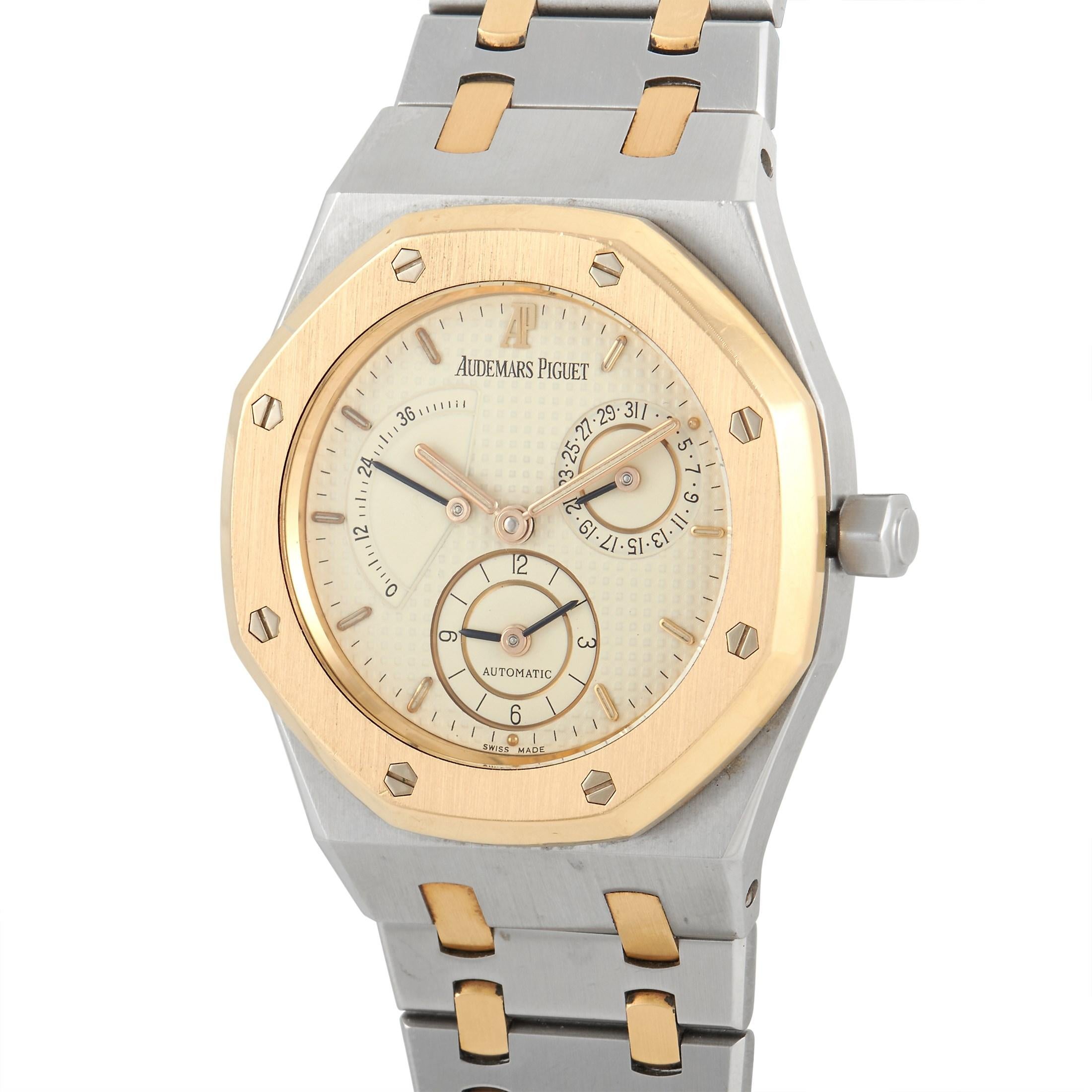 The Audemars Piguet Royal Oak Dual Time Watch, reference number 25730SA, features a bold pairing of metals.

This piece’s 36mm stainless steel case and bracelet are elevated by a bezel made from 18K yellow yold, which also accents the links of the