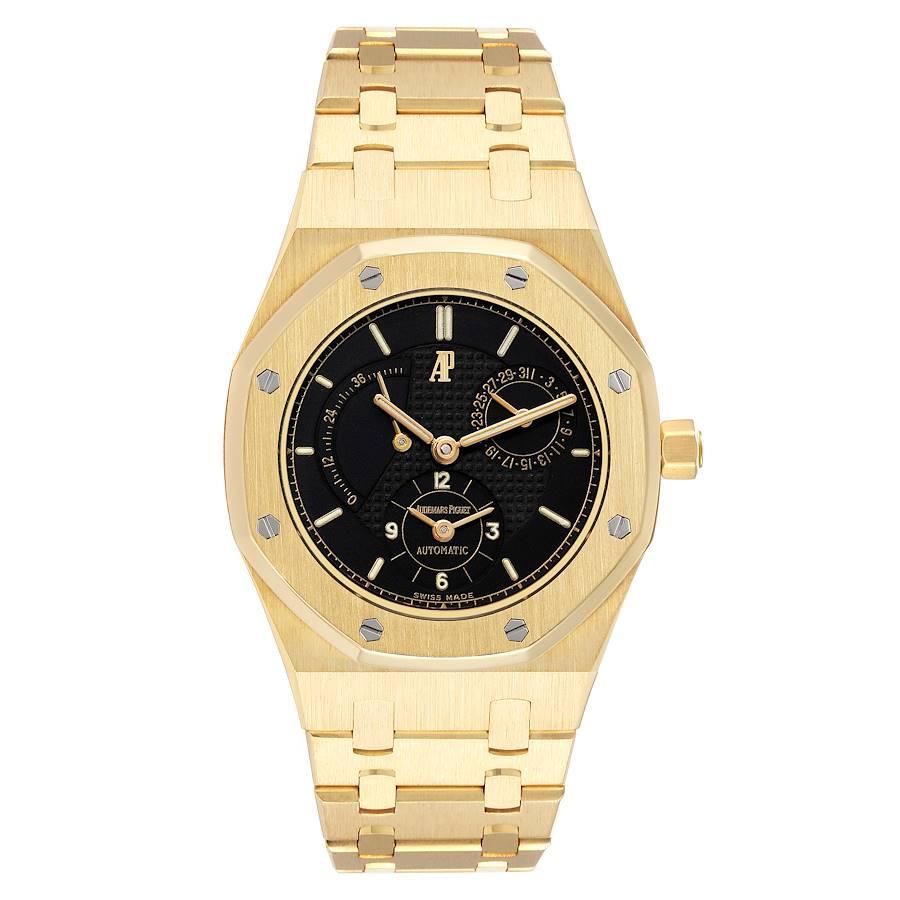 Audemars Piguet Royal Oak Dual Time Yellow Gold Mens Watch 25730BA. Automatic self-winding movement. 18K yellow gold hexagonal case 36.0 mm in diameter. 18K yellow gold bezel punctuated with 8 signature screws. Scratch resistant sapphire crystal.