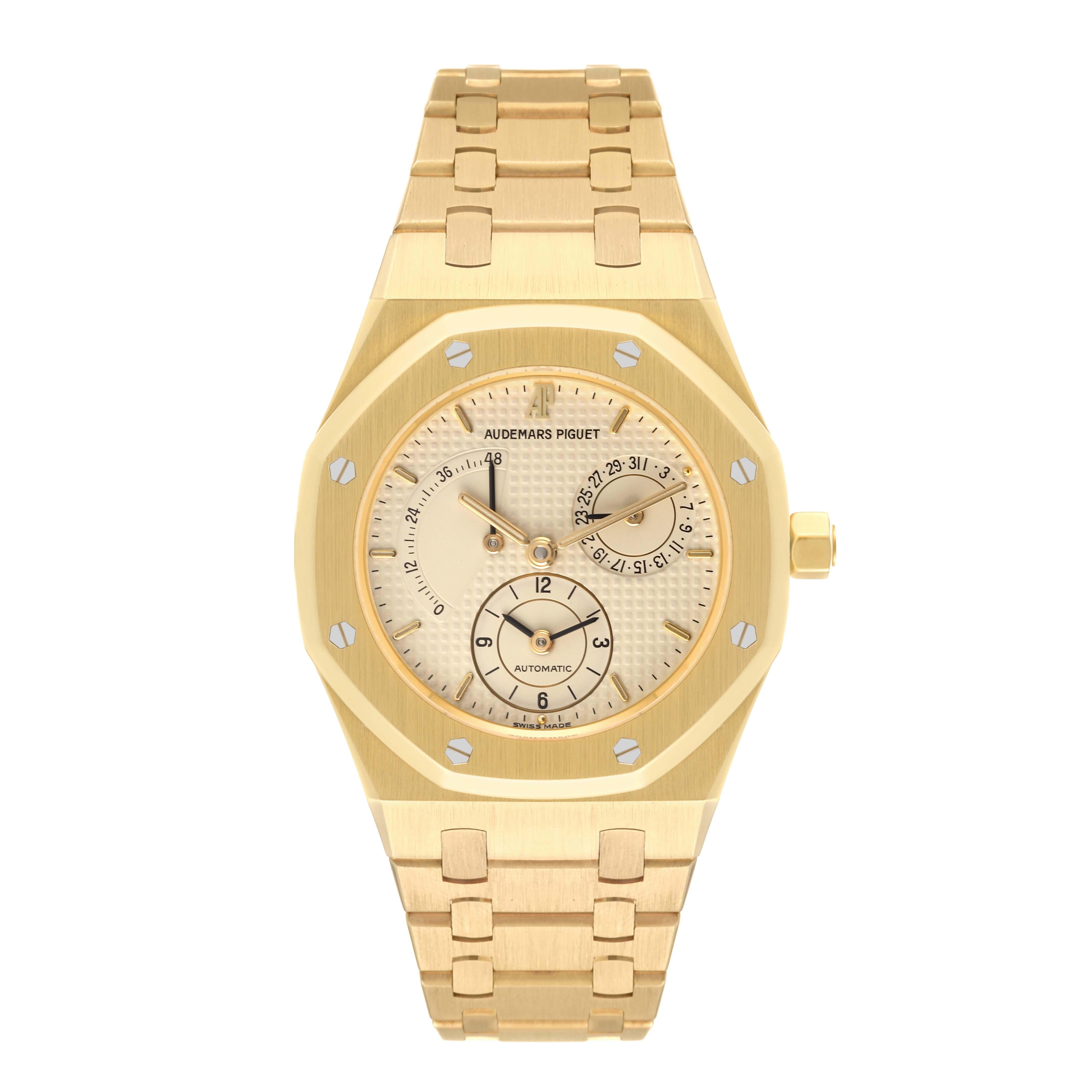 Audemars Piguet Royal Oak Dual Time Yellow Gold Mens Watch 25730BA. Automatic self-winding movement. 18K yellow gold hexagonal case 36.0 mm in diameter. 18K yellow gold bezel punctuated with 8 signature screws. Scratch resistant sapphire crystal.
