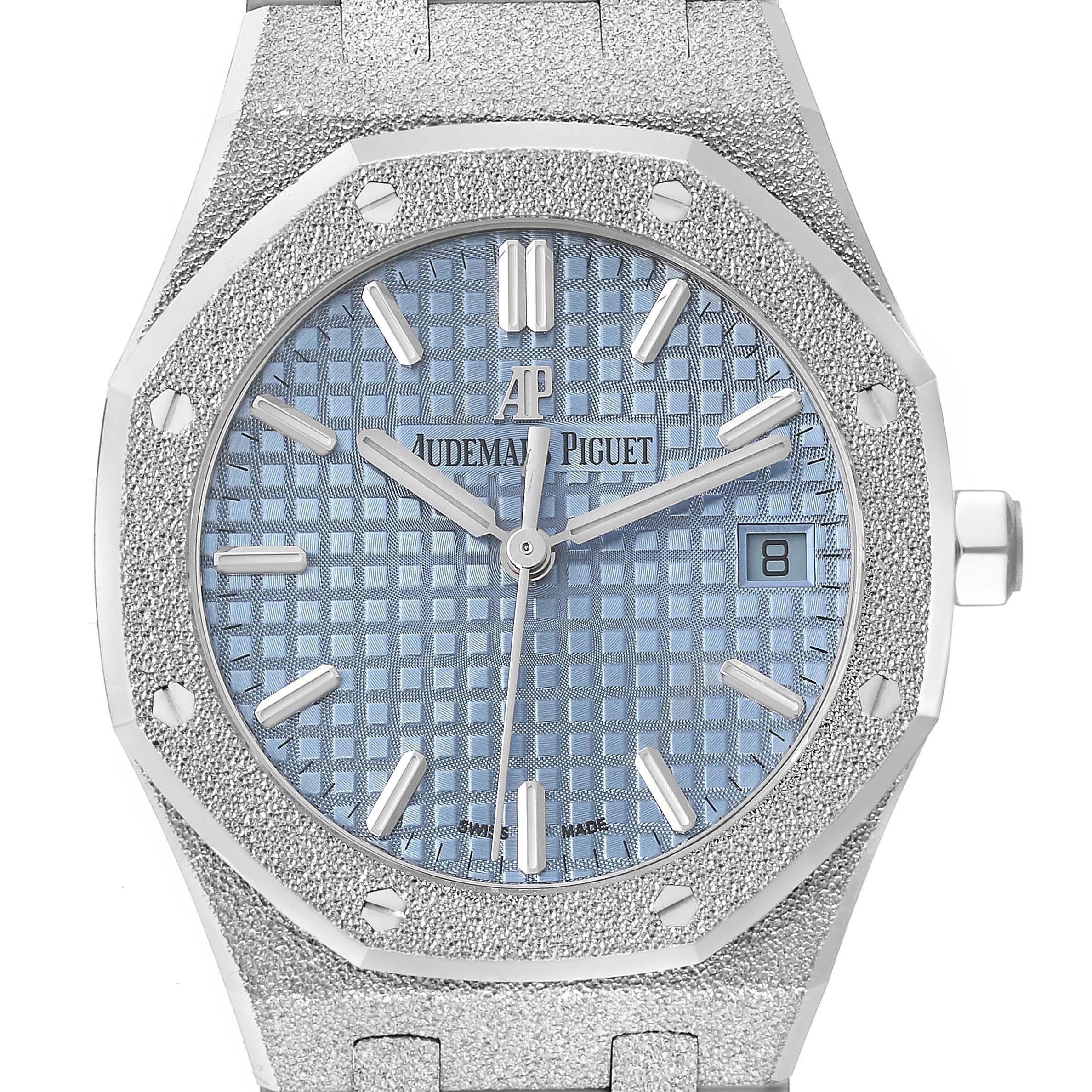 Audemars Piguet Royal Oak Frosted White Gold Self winding Mens Watch 77353BC Unworn. Automatic self-winding movement. Hammered 18K white gold case 34.0mm in diameter. Exhibition sapphire case back. 18K hammered white gold bezel punctuated with 8