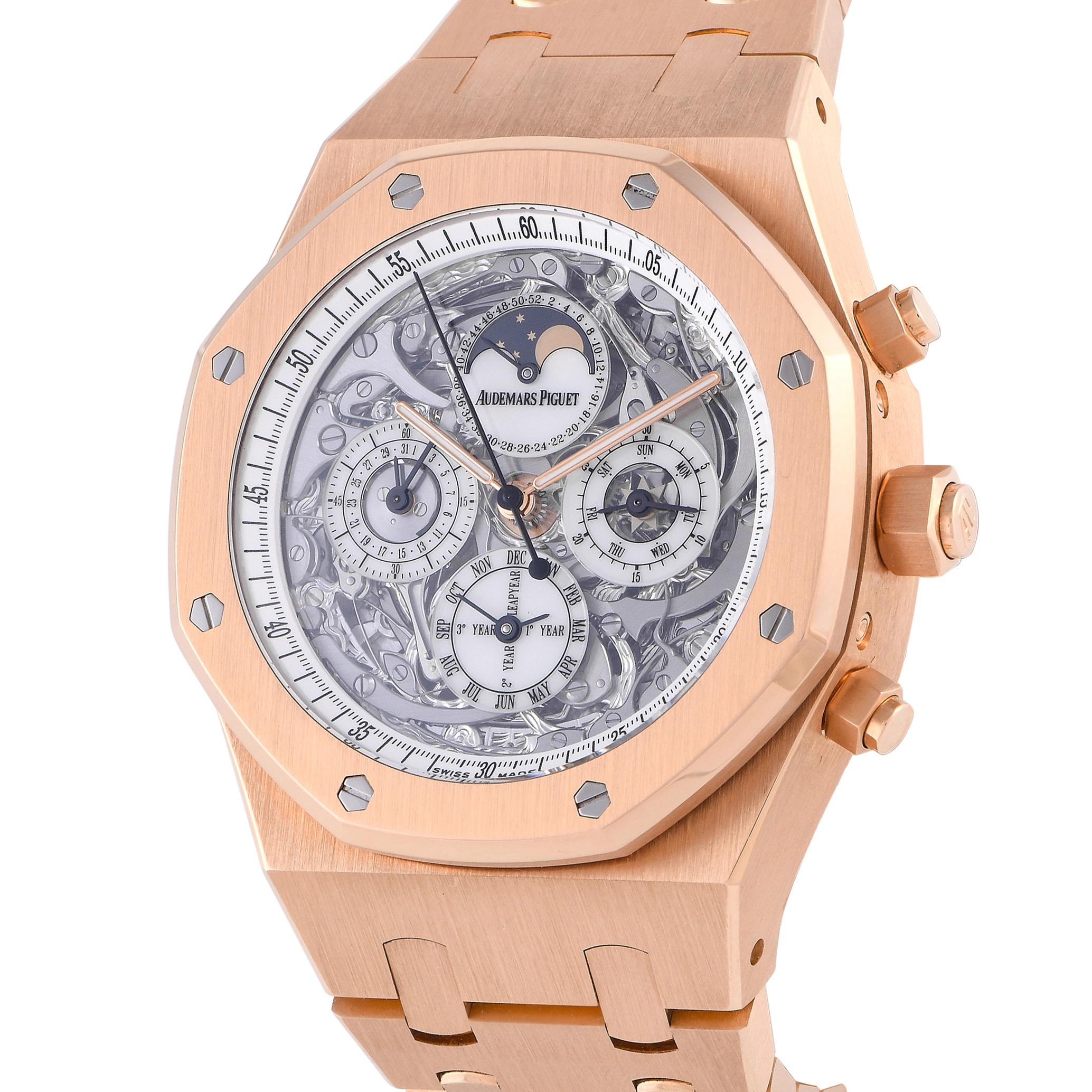 Who can say no to this exquisite rose gold Grande Complication from Audemars Piguet? A rare gem, this Royal Oak Grande Complication ref. 26065OR.OO.D088CR.01 is a skeletonized wristwatch with a perpetual calendar, split-seconds chronograph, and a