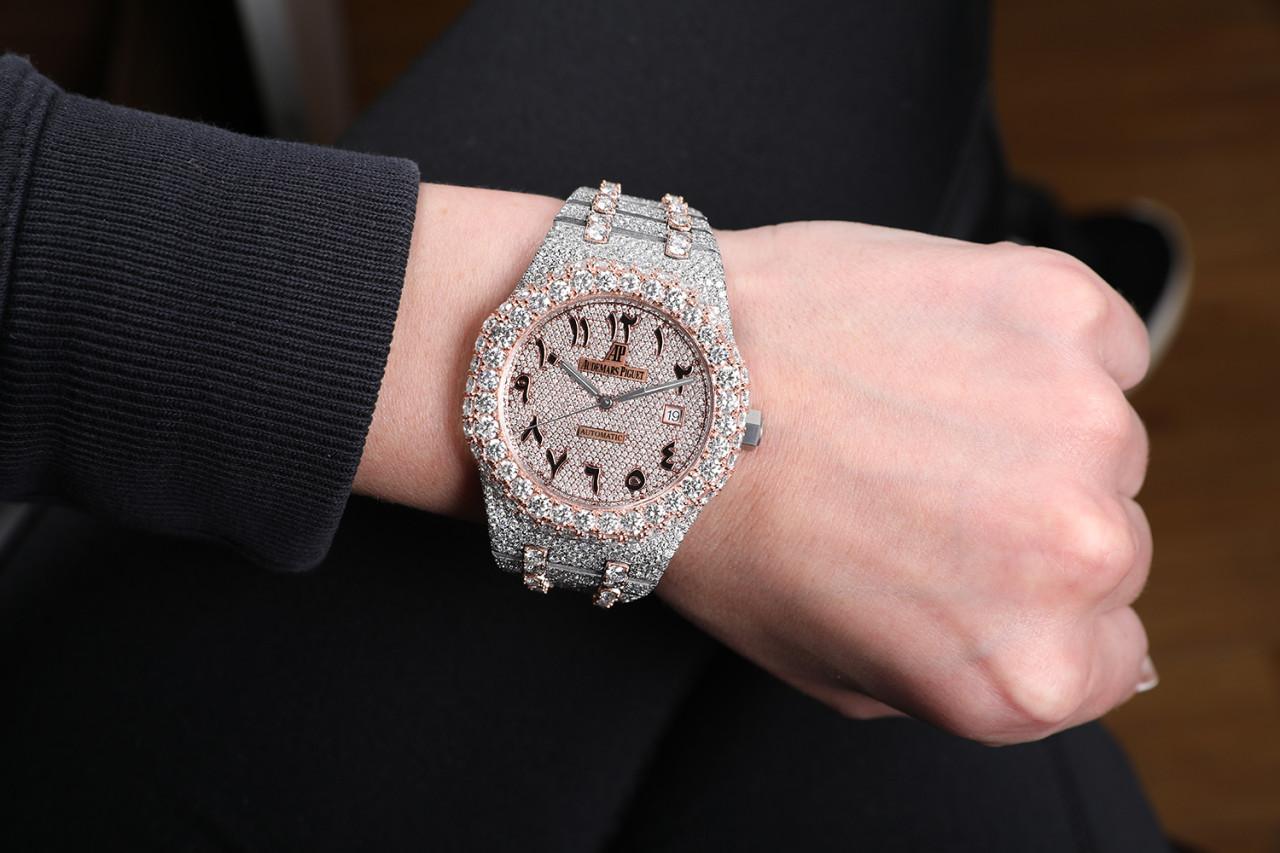 Round Cut Audemars Piguet Royal Oak Iced Out Custom Two Tone Rose Gold Diamond Watch For Sale