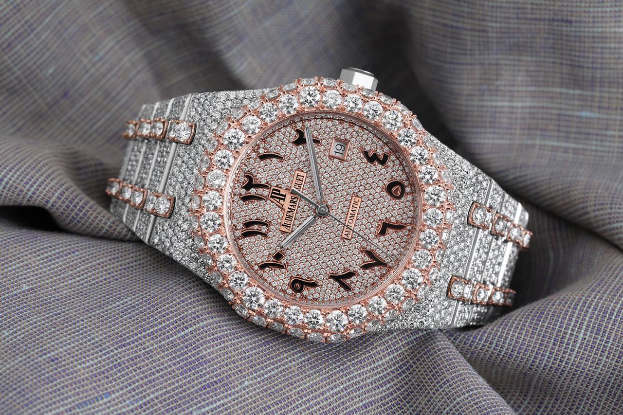 Audemars Piguet Royal Oak Iced Out Custom Two Tone Rose Gold Diamond Watch In New Condition For Sale In New York, NY