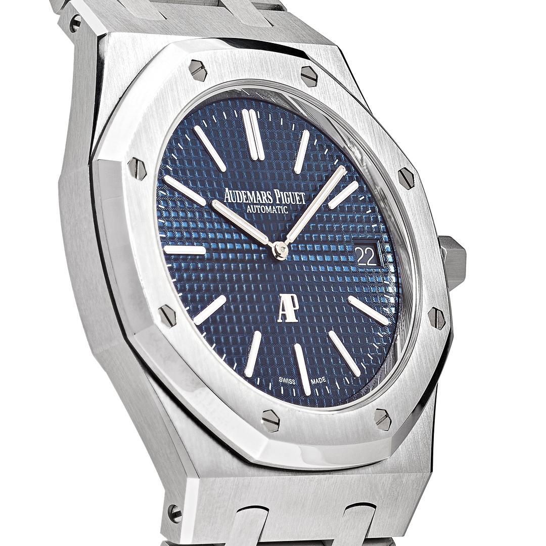 The Audemars Piguet Royal Oak 'Jumbo' Extra Thin features a 39mm case and bracelet made of stainless steel. It sports a blue dial protected by sapphire crystal and finished with a double-fold clasp. This watch is the perfect addition to any