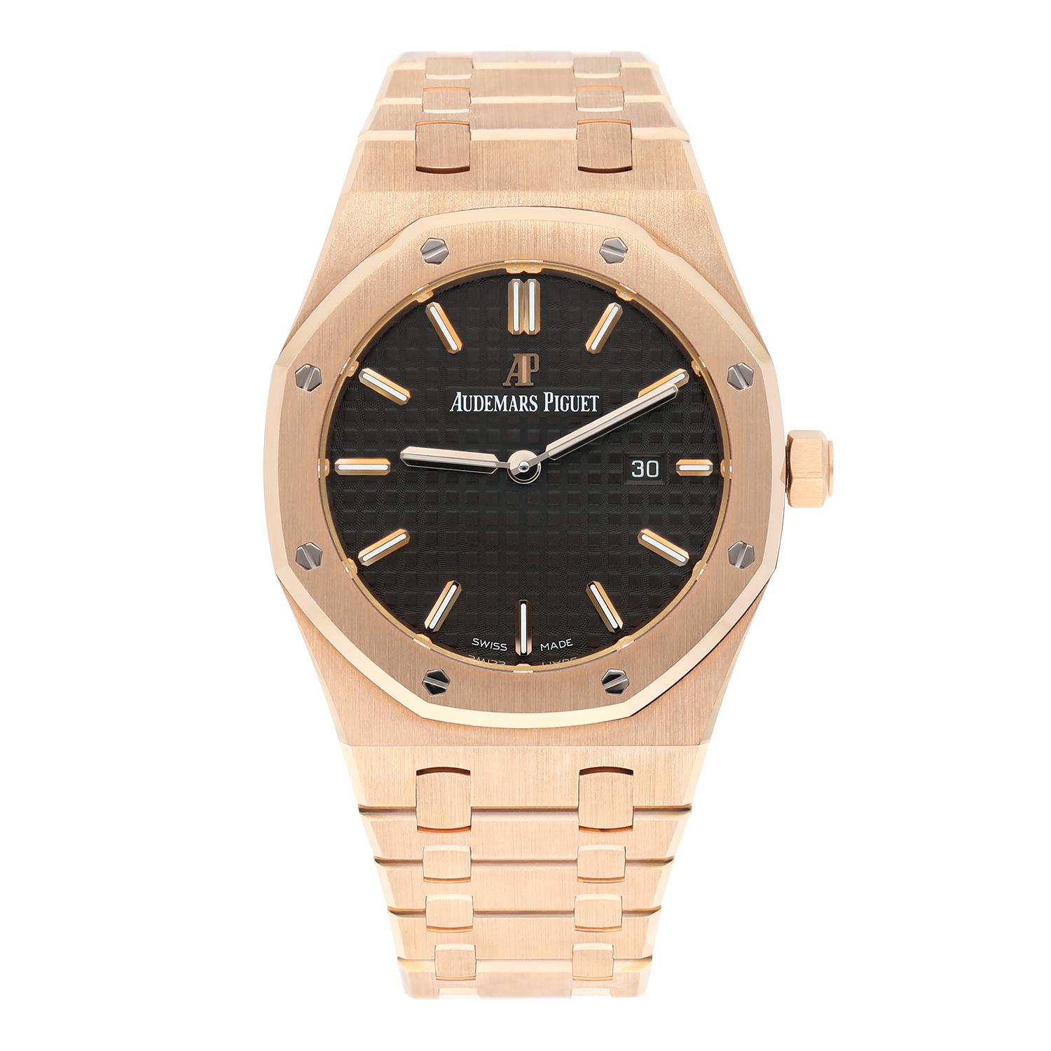 Unworn Audemars Piguet Royal Oak Lady 33mm Rose Gold Brown Dial 67650OR.OO.1261OR.01
Complete with original box and original papers.

This Royal Oak Quartz is designed in a feminine 33mm 18-carat rose gold case and octagonal bezel. It features the