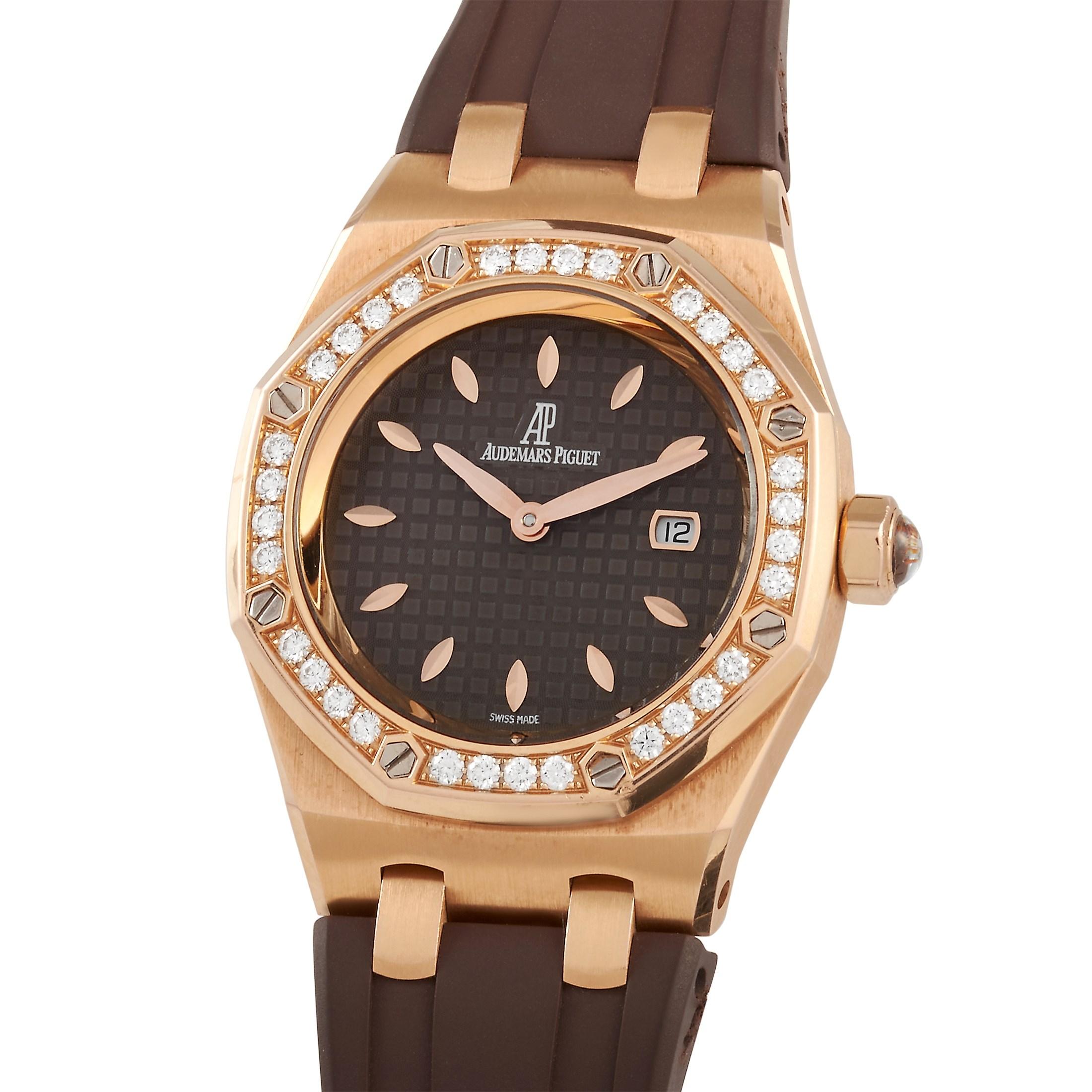 Thirty-two brilliant-cut diamonds make this ladies' watch shine. The Audemars Piguet Royal Oak Lady Automatic Watch 77321OR.ZZ.D080CA.01 features a diamond-set bezel, an 18K rose gold case with polished bevel edges, a metallic brown dial with