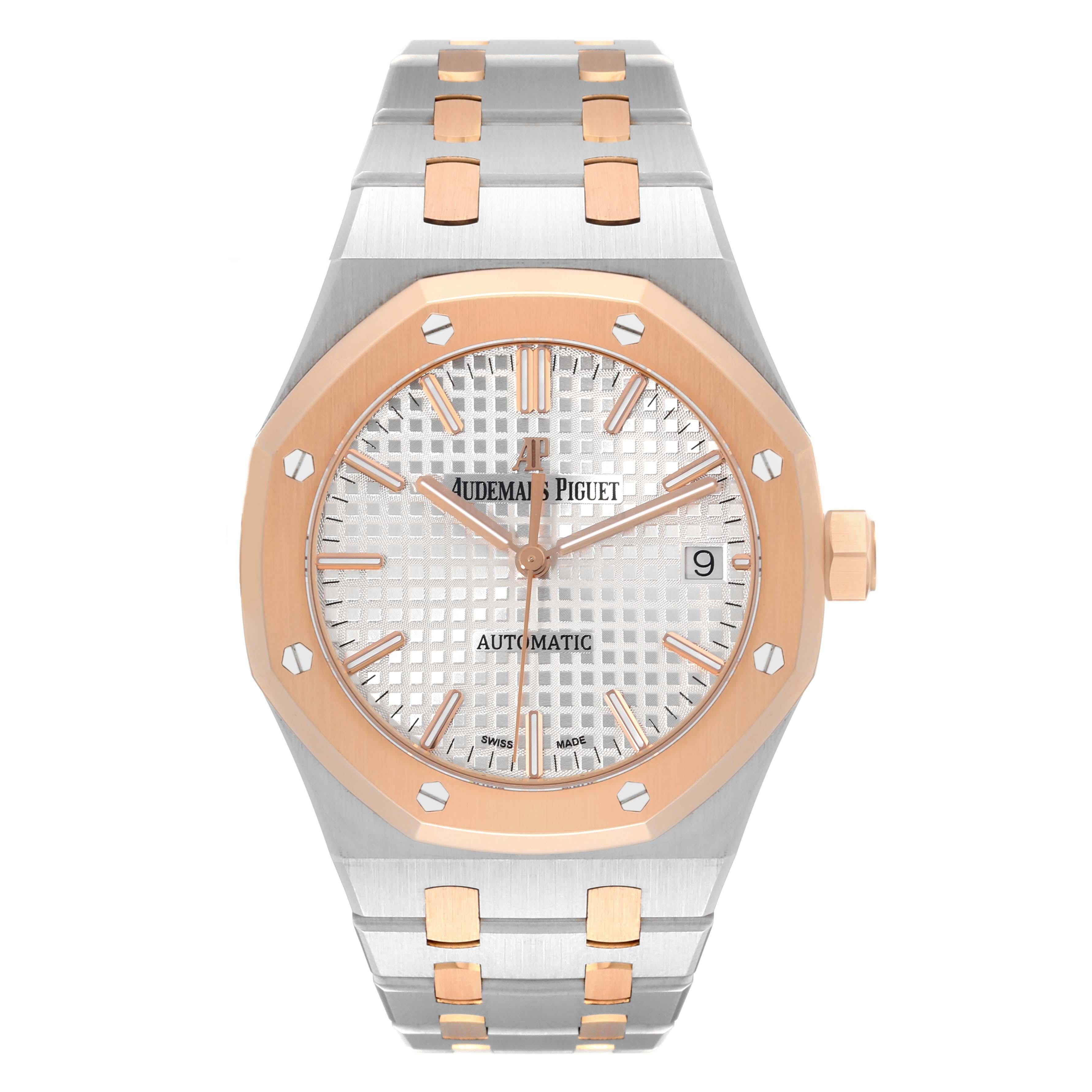 Audemars Piguet Royal Oak Midsize Steel Rose Gold Mens Watch 15450SR Box Card. Automatic self-winding movement. Brushed stainless steel case with polished bevel edges 37.0 mm in diameter. Case thickness 9.80 mm. Exhibition transparent sapphire