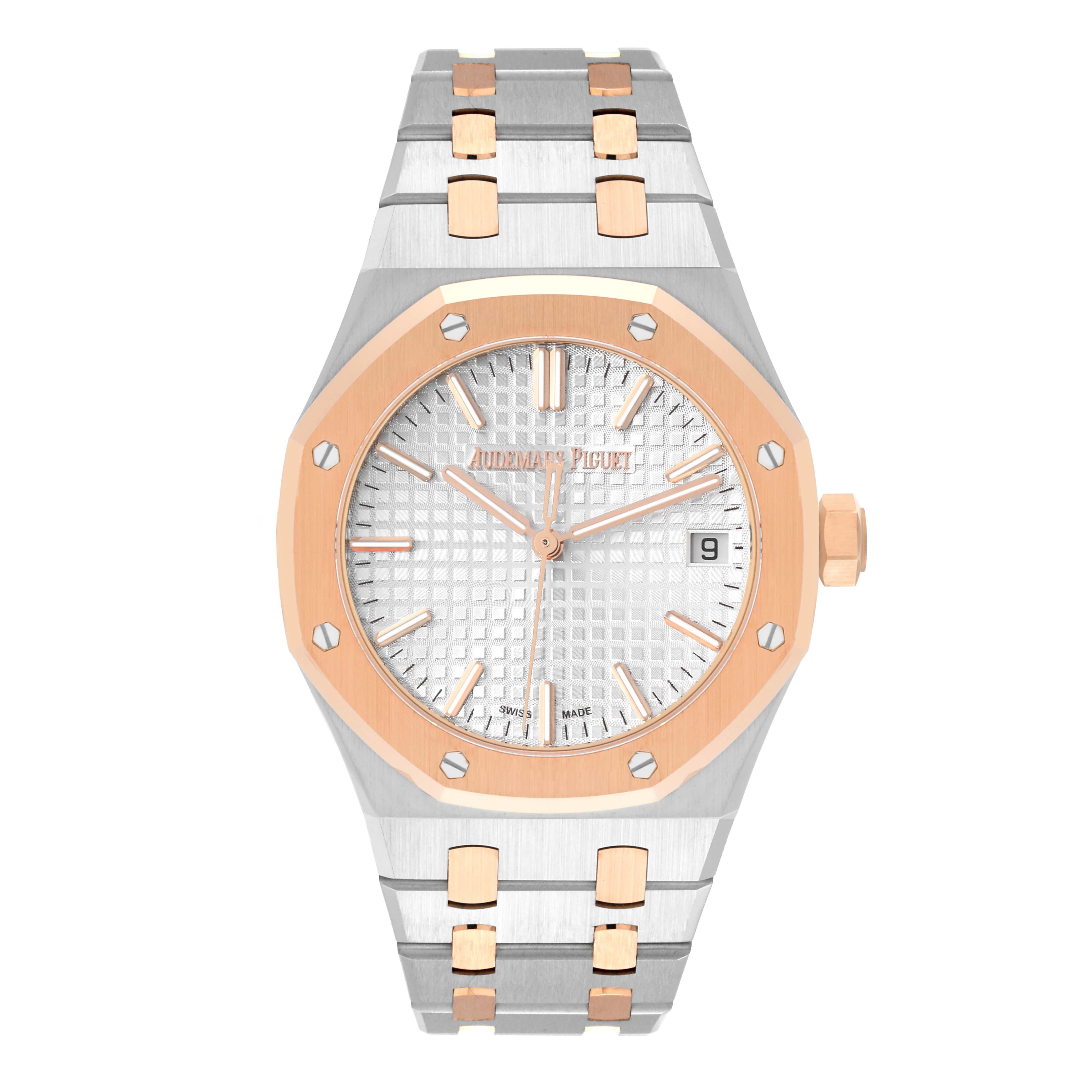 Audemars Piguet Royal Oak Midsize Steel Rose Gold Mens Watch 15550SR Box Card. Automatic self-winding movement. Brushed stainless steel case with polished bevel edges 37.0 mm in diameter. Case thickness 9 mm. Exhibition transparent sapphire crystal