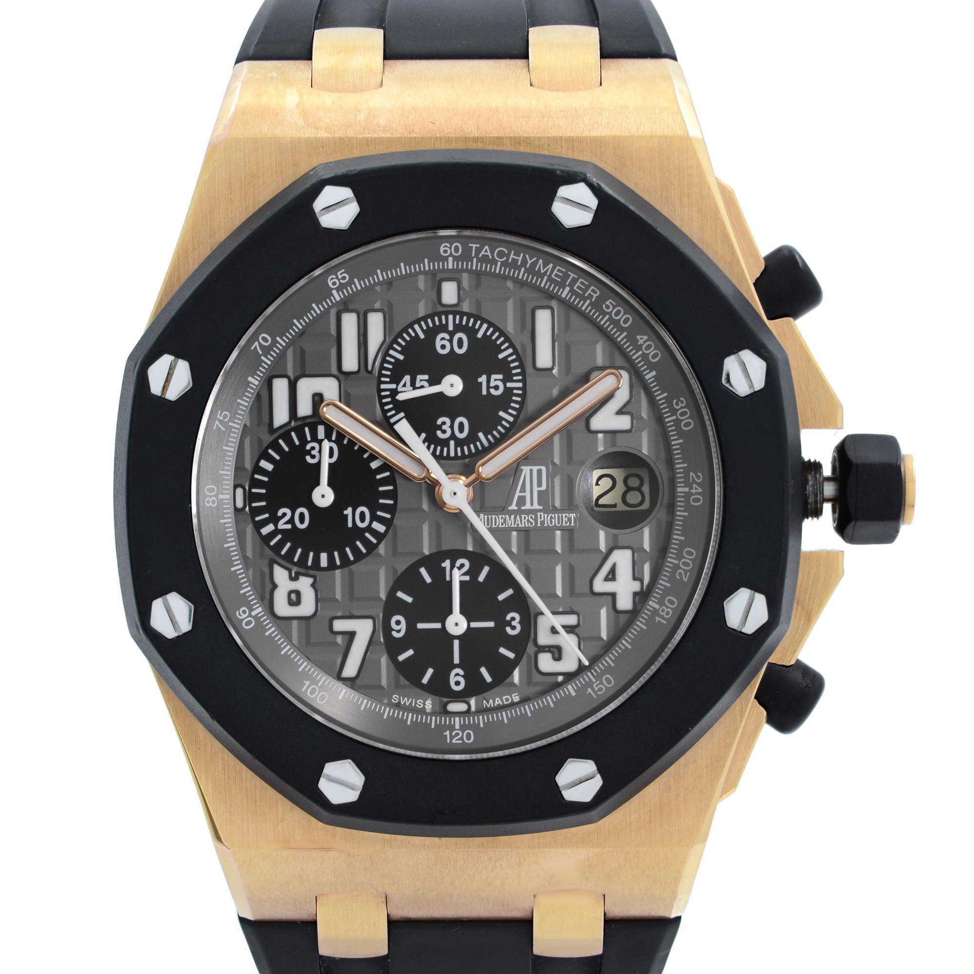 Pre-owned Audemars Piguet Royal Oak Offshore  Rubber Clad 42mm 18K Rose Gold Men's Automatic Watch 25940OK.OO.D002CA.01.A. minor scratches around the case. Some micro dents and scratches on the bezel. This beautiful timepiece is powered by