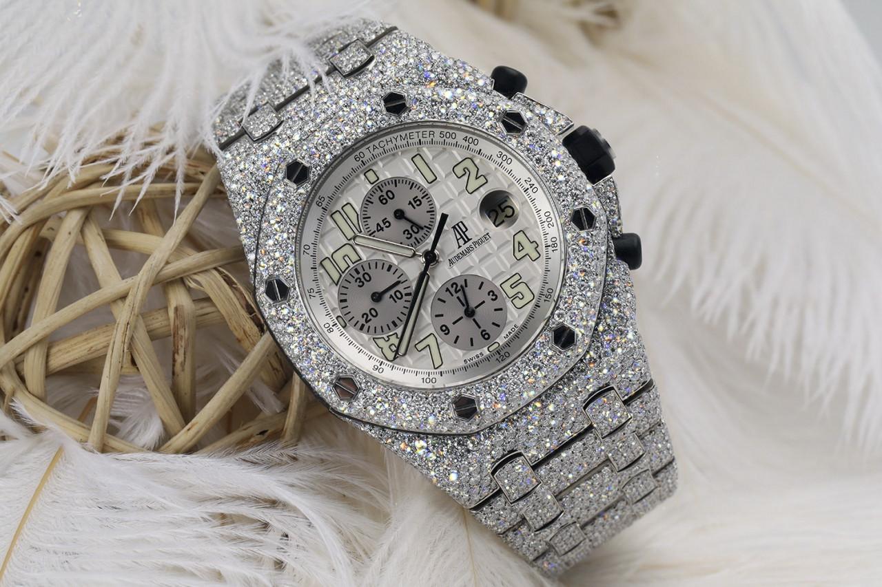 Round Cut Audemars Piguet Royal Oak Offshore 25721ST.OO.1000ST.09 Fully Iced Out Watch For Sale