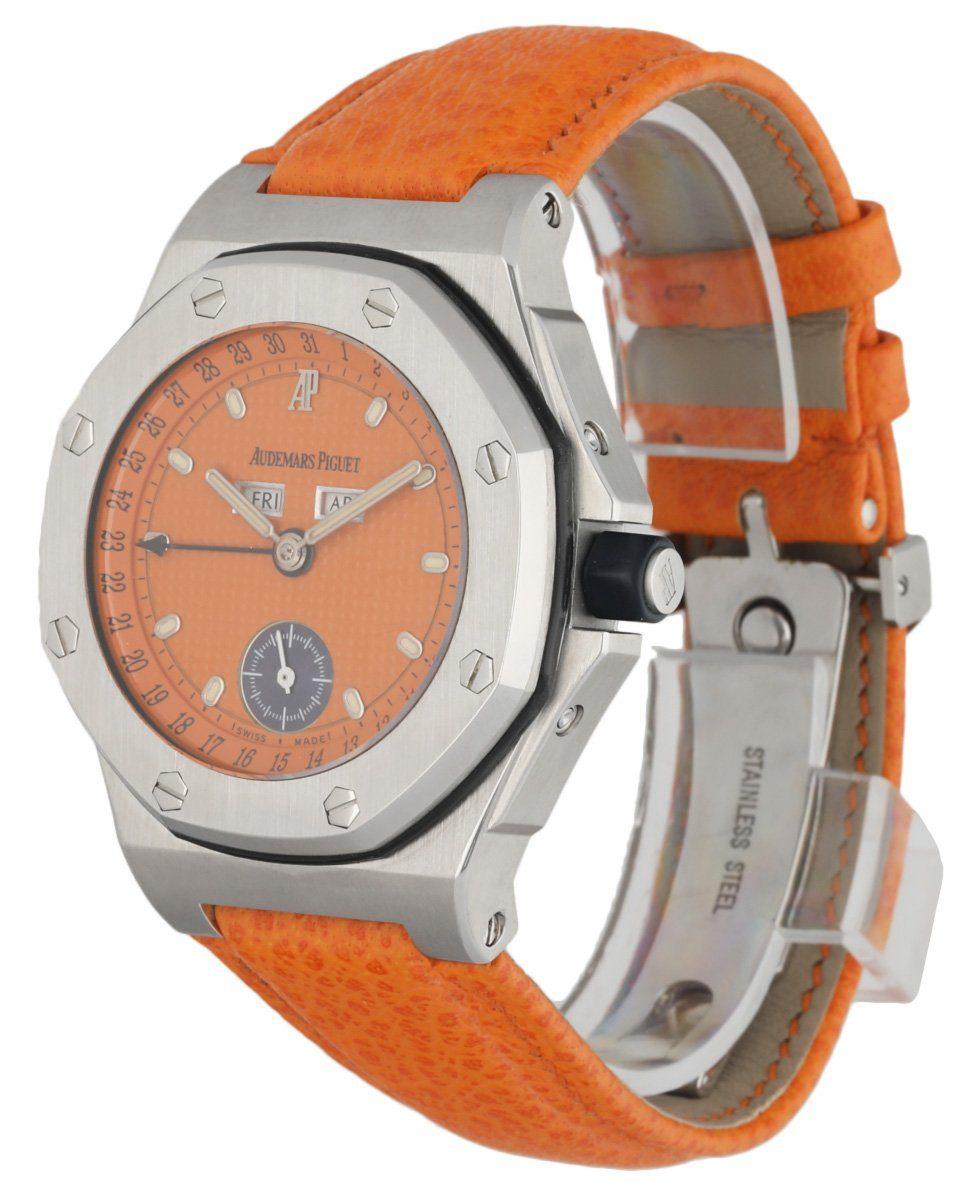 Audemars piguet Offshore 25808ST men's watch. 39MM stainless steel case with octagon bezel.Â Orange dial with golden luminous hands and index hour marker. Date markerÂ display around the outer dial and day and month display in the higher middle part