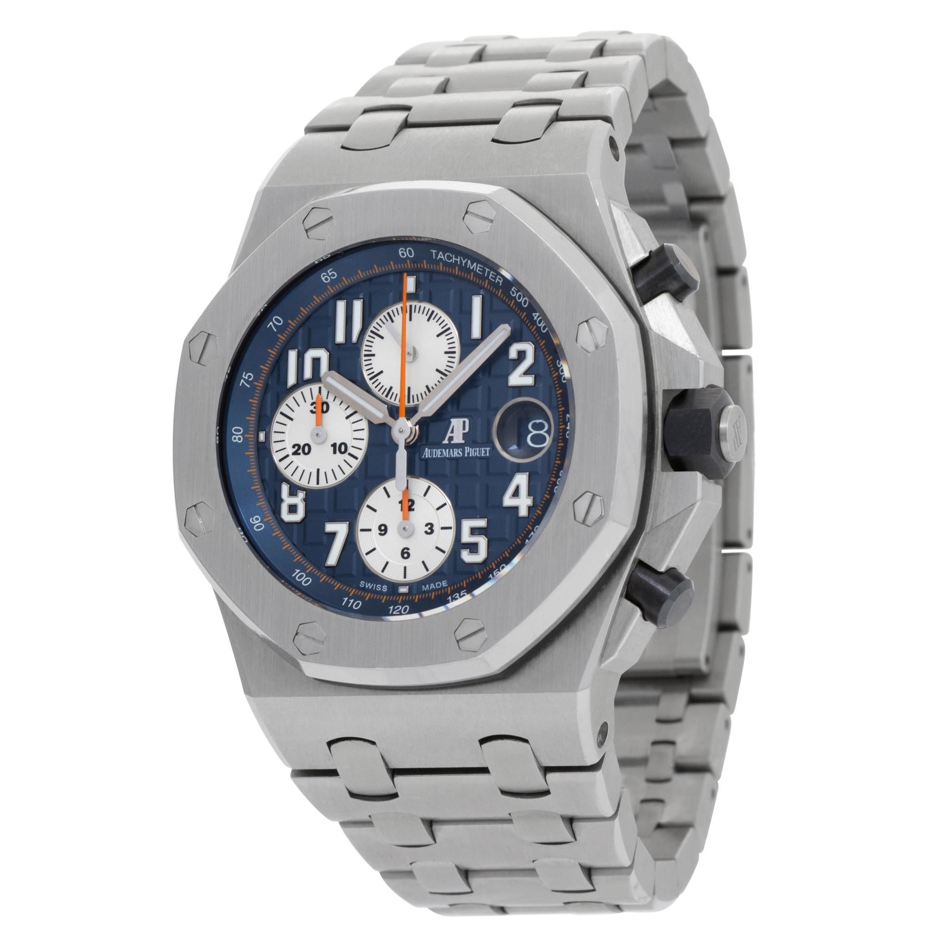 Audemars Piguet Royal Oak Offshore in stainless steel with blue dial. Auto w/ subseconds, date and chronograph. 42 mm case size. With original papers. Watch was just factory serviced in May 2022 and comes with a 2 year factory original warranty.