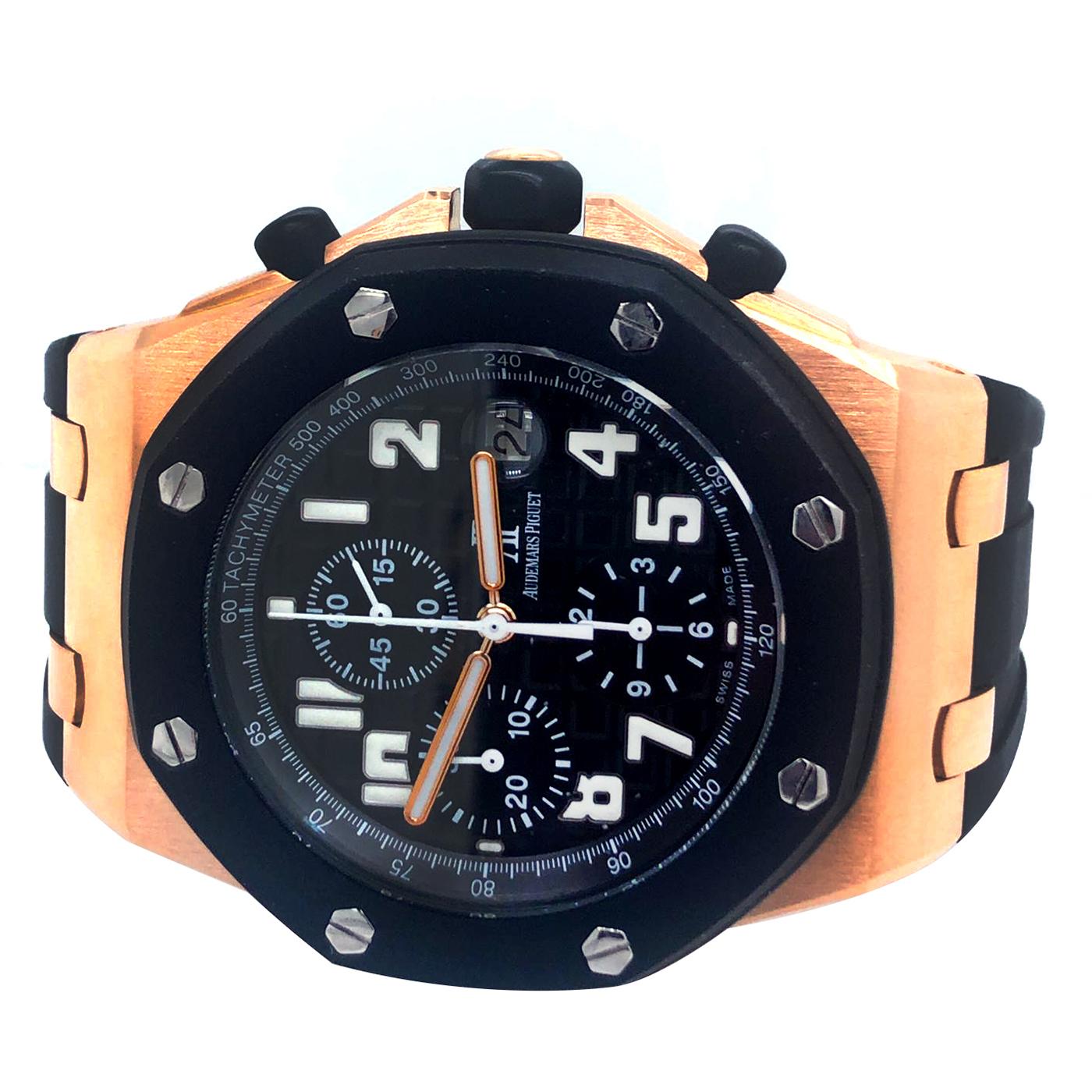 Royal Oak Offshore RubberClad In Good Condition. Comes With Audemars Piguet Box. The Brains Behind This Beauty Is The Audemars Piguet Caliber 2326/2840 Self-Winding Chronograph Movement With An Approximate Power Reserve Of 40 Hours When Fully Wound.