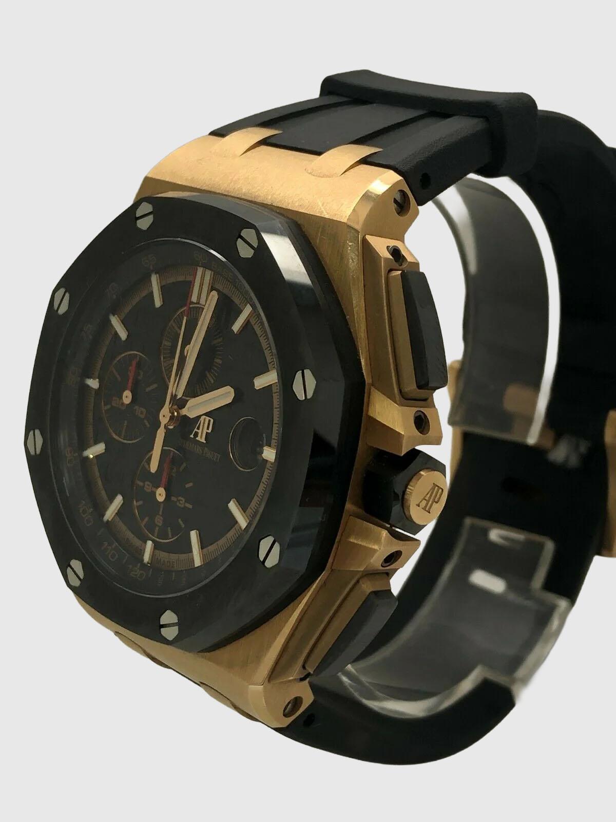 The Audemars Piguet Royal Oak Offshore 44mm 18k Gold Watch is an opulent timepiece that stands out thanks to its exquisite craftsmanship and elegant design. This specific model, which debuted in 2021, has a 44mm case with a sturdy ceramic bezel that